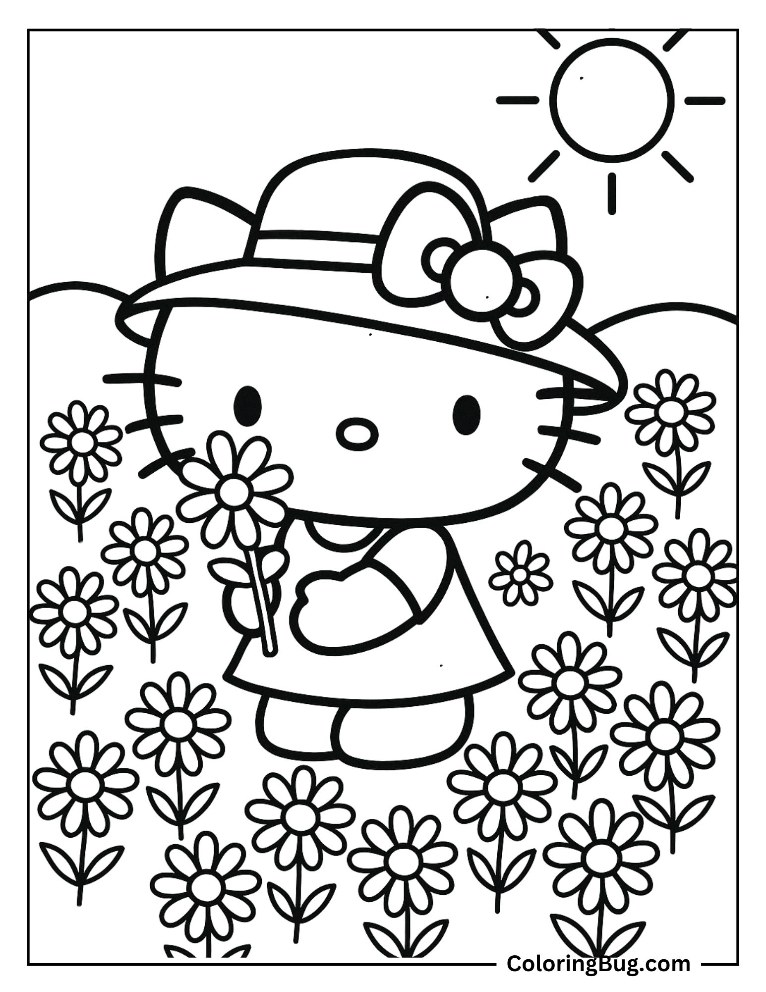 Hello Kitty Picking Daisy Coloring Sheet