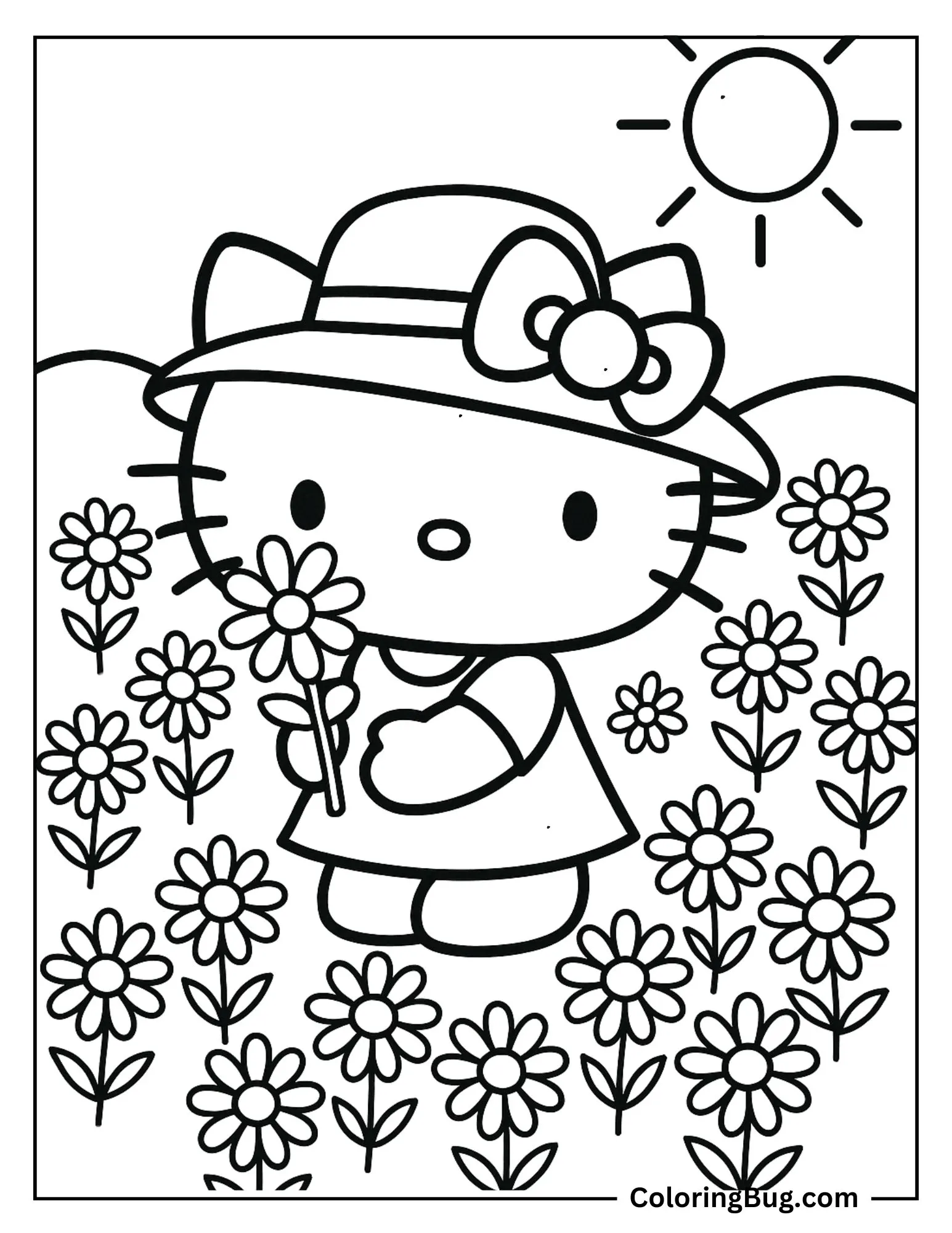 Hello Kitty Picking Daisy Coloring Sheet