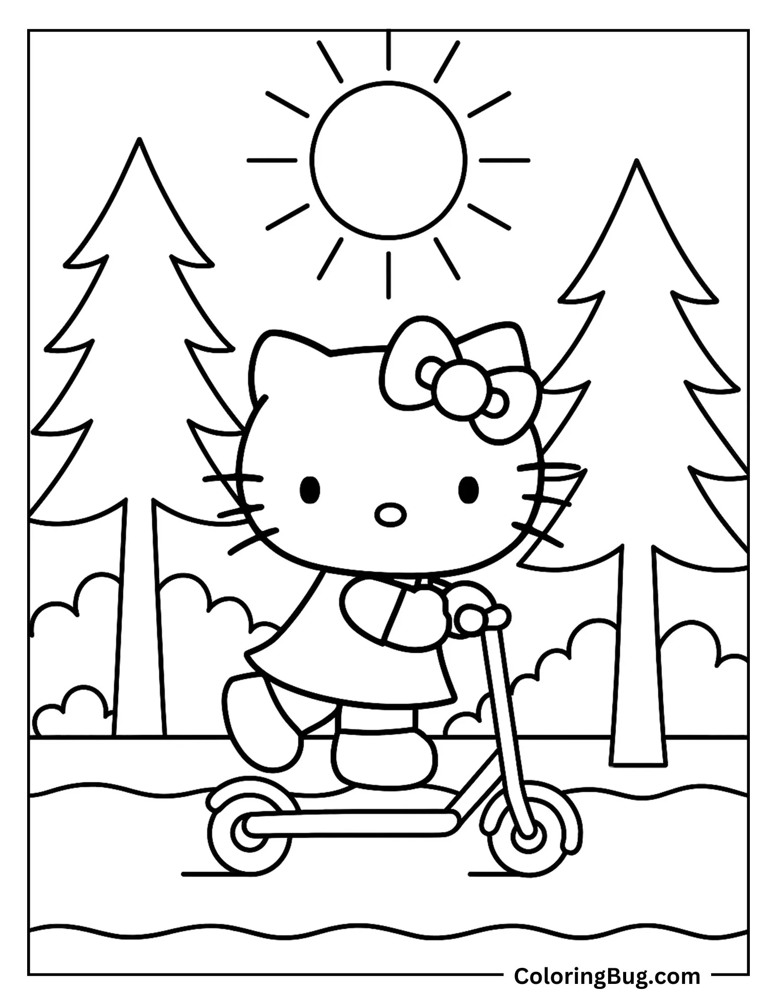 Hello Kitty Ridding Scooter Through Forest  Coloring Sheet