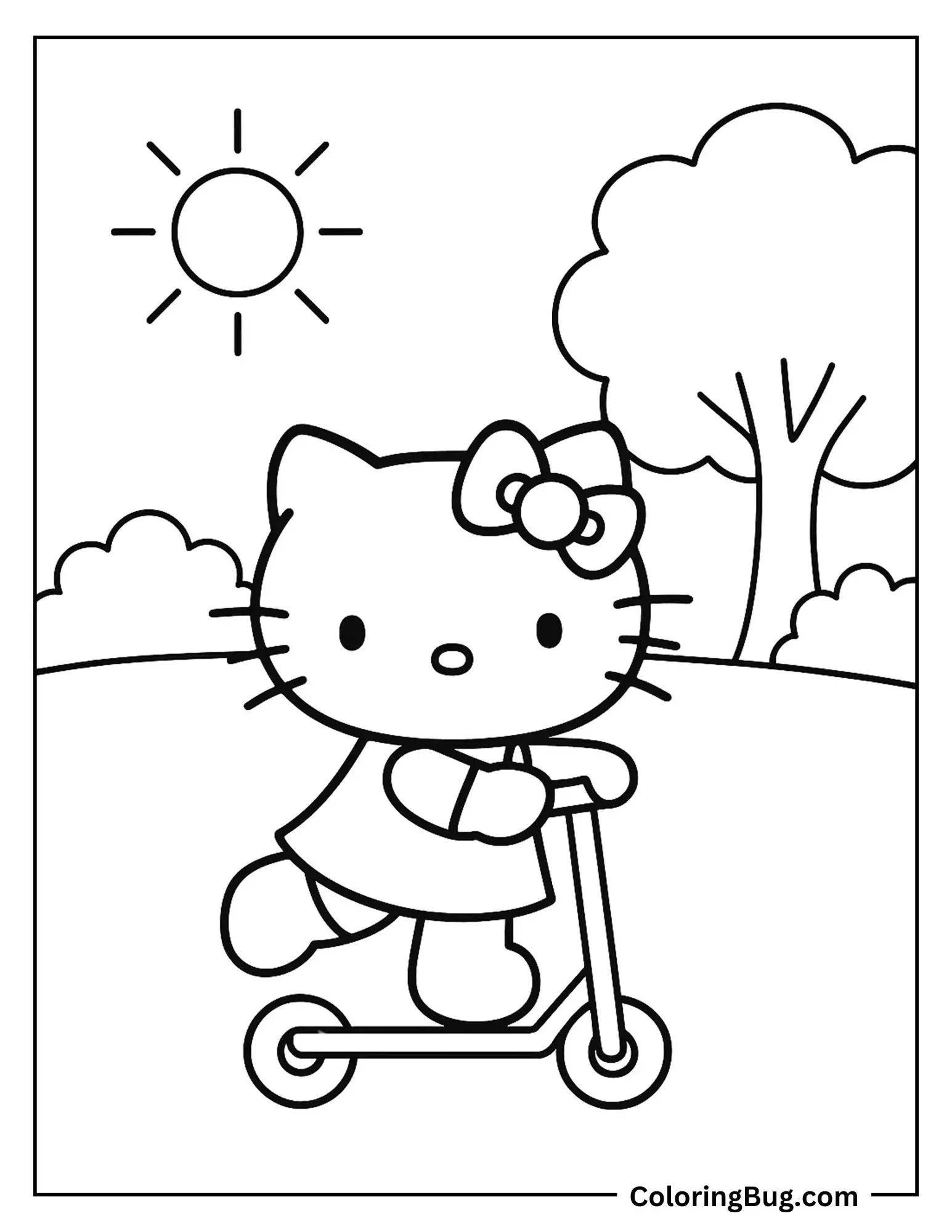 Hello Kitty Ridding a Scooter Through Park Coloring Sheet