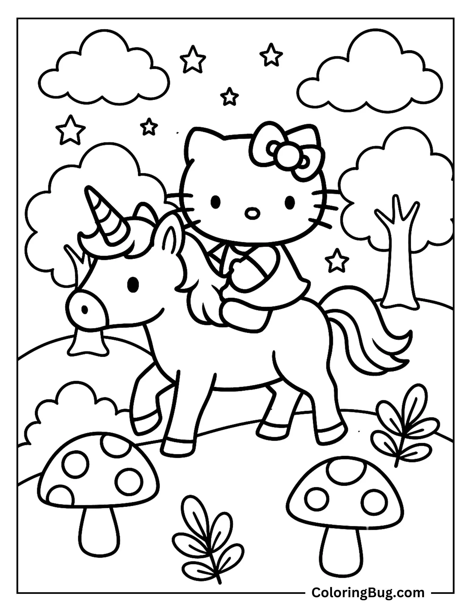 Hello Kitty Ridding a Unicorn Through Magical Forest Coloring Sheet