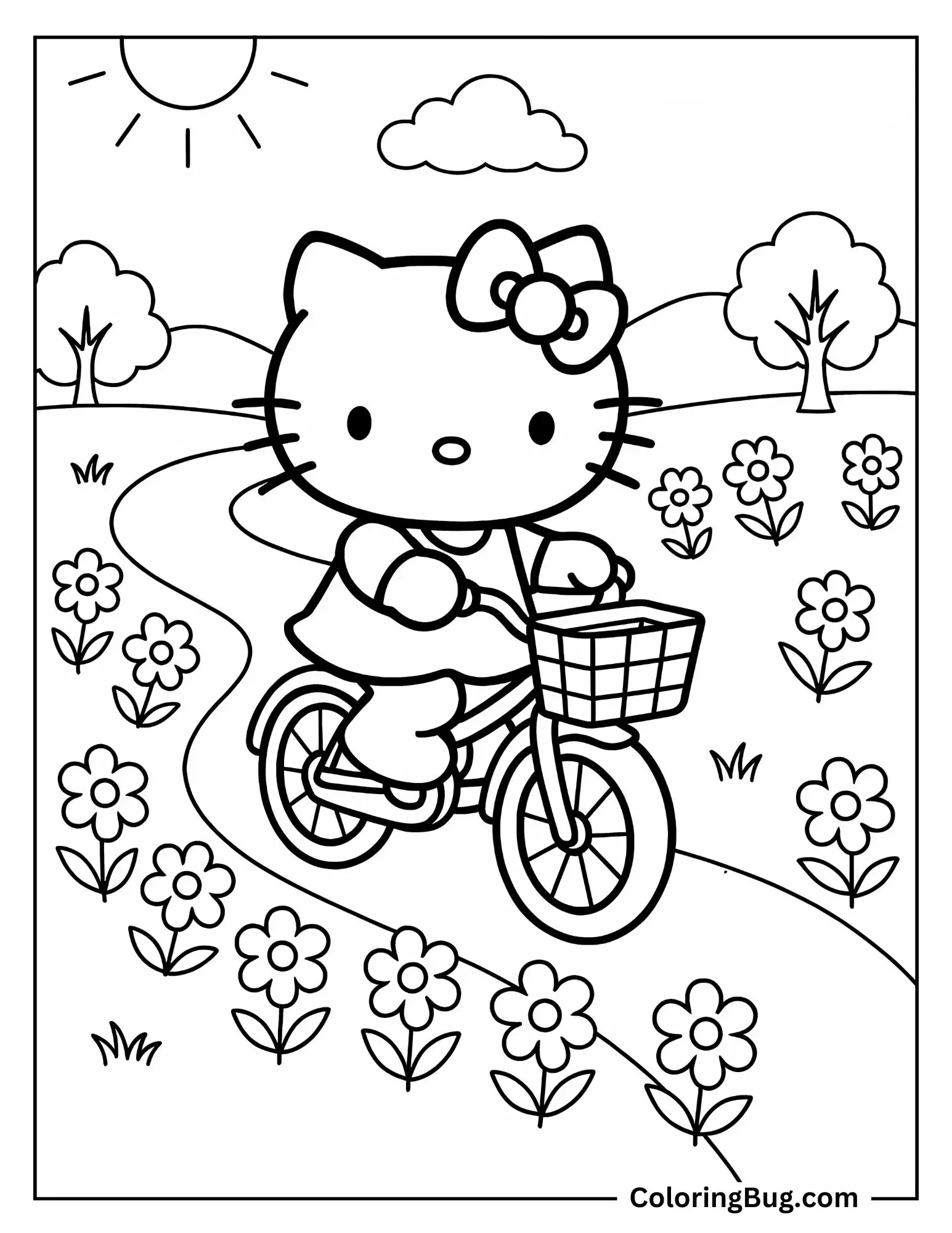 Hello Kitty Riding a Bike Through a Flower-Lined Trail Coloring sheet