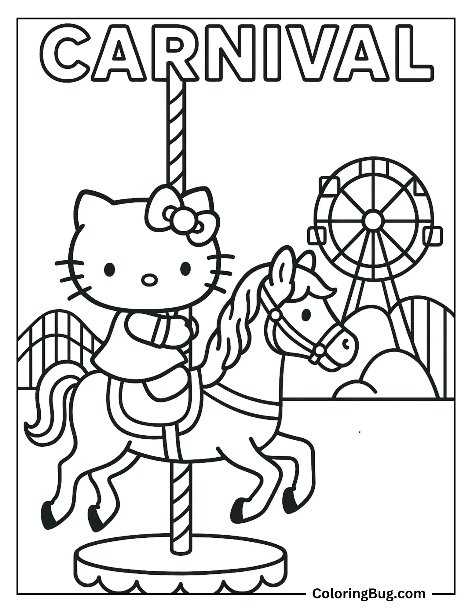Hello Kitty Riding a Carousel at an Big Amusement Park Coloring Sheet