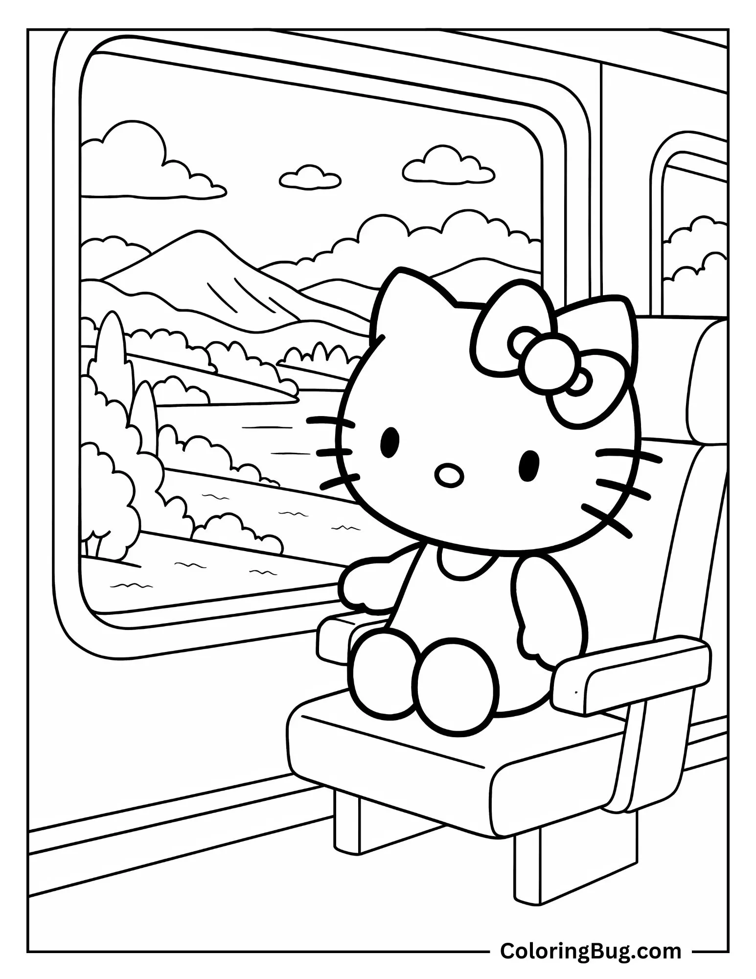 Hello Kitty Riding a Train With Scenic Views Outside Coloring Sheet