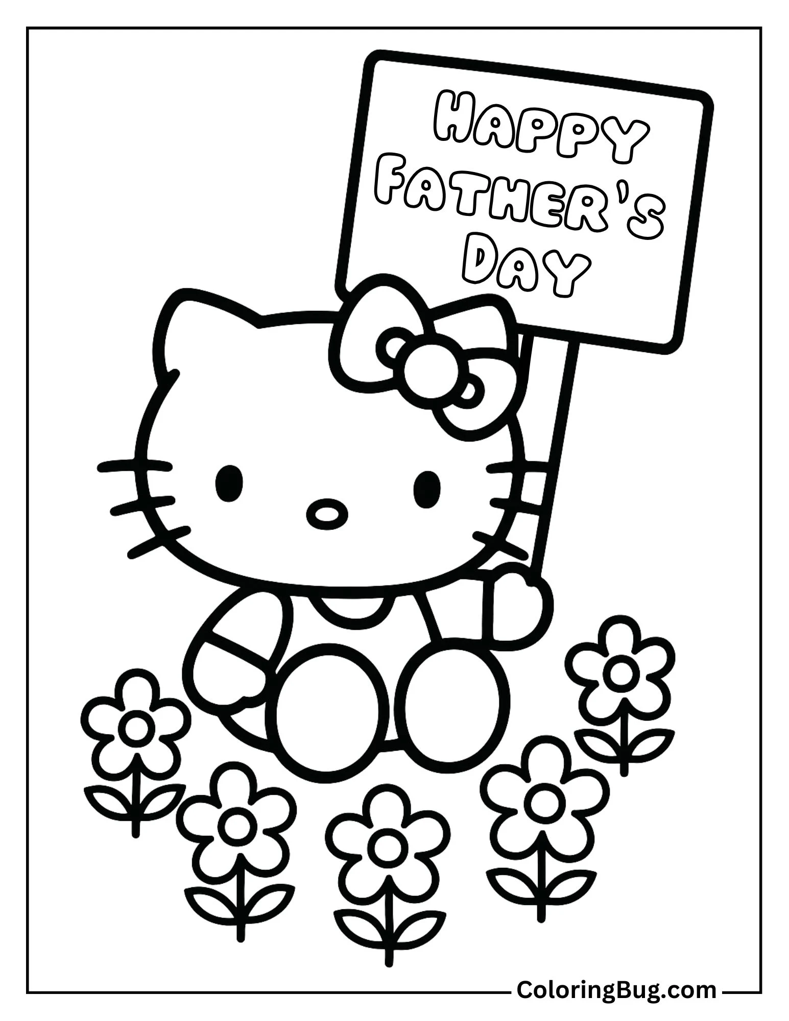 Hello Kitty Sitting On a Flower Field and Holding Happy Father&rsquo;s Day Sign Coloring Sheet