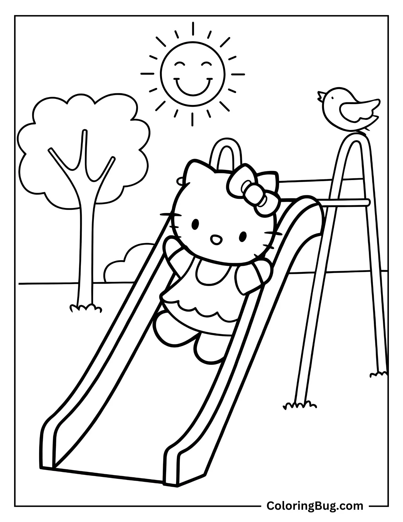 Hello Kitty Sliding Down a Slide During Summer Day  Coloring Sheet