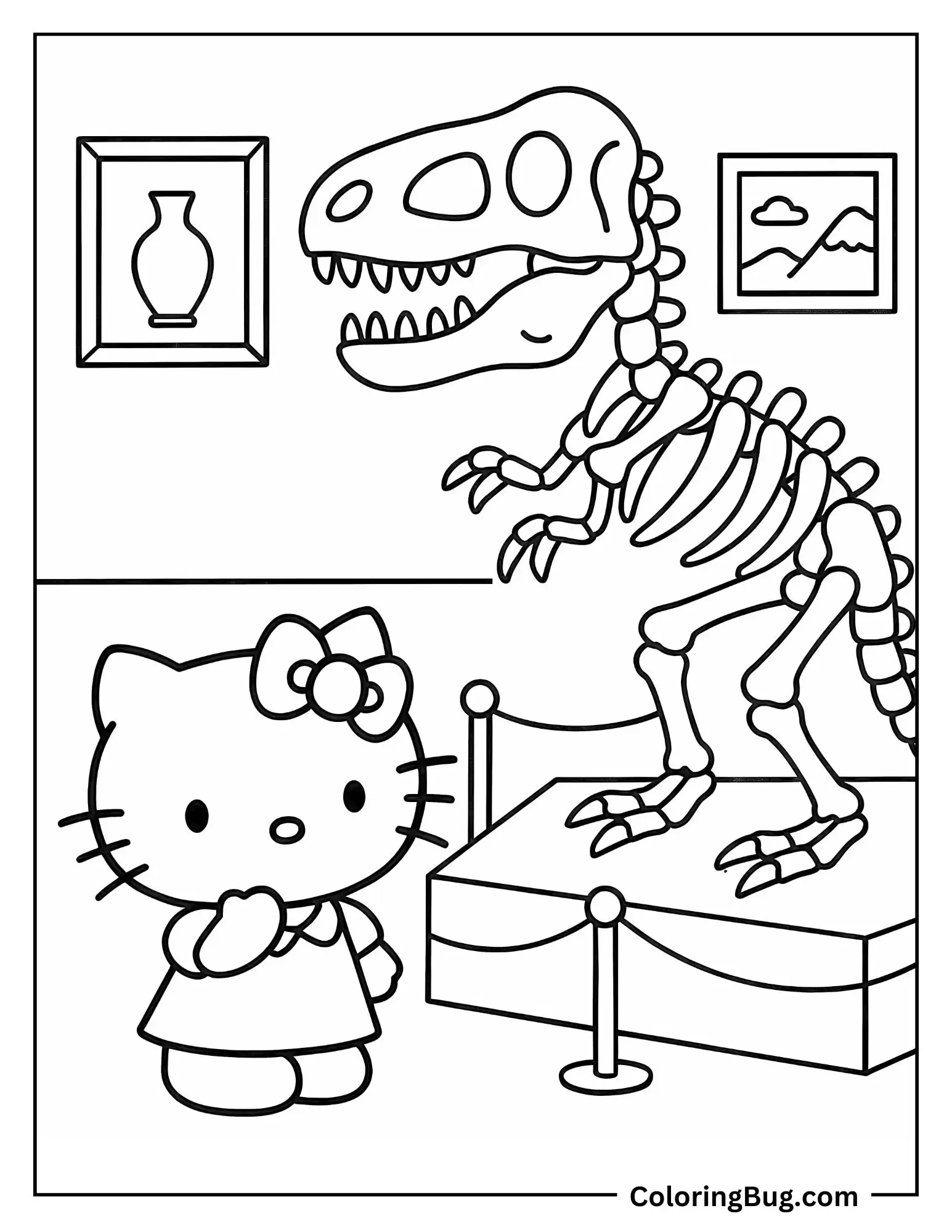 Hello Kitty Visiting a Museum and Looking at Dinosaur Bones Coloring sheet