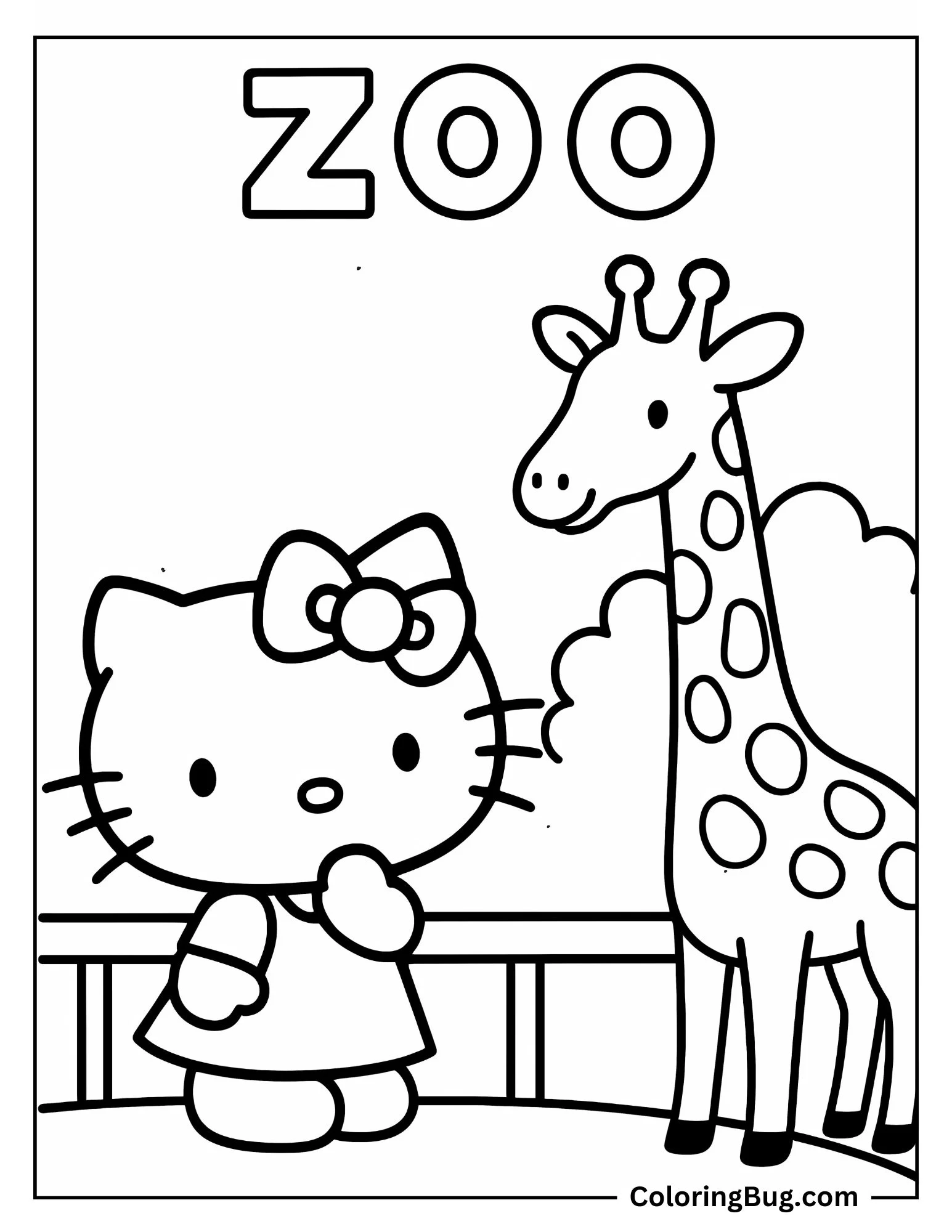 Hello Kitty With Giraffe at Zoo Coloring Sheet