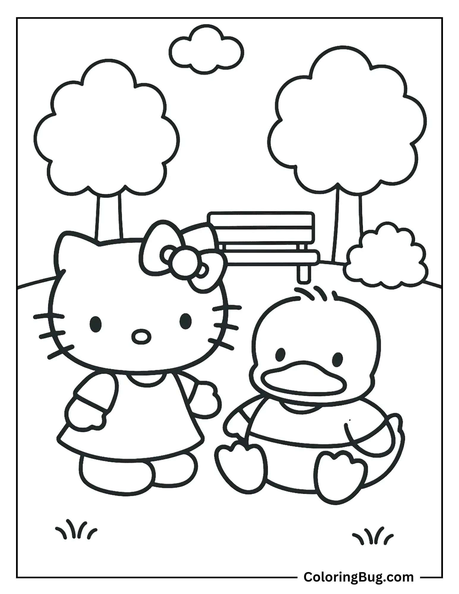 Hello Kitty With Pekkie in Park Coloring Sheet