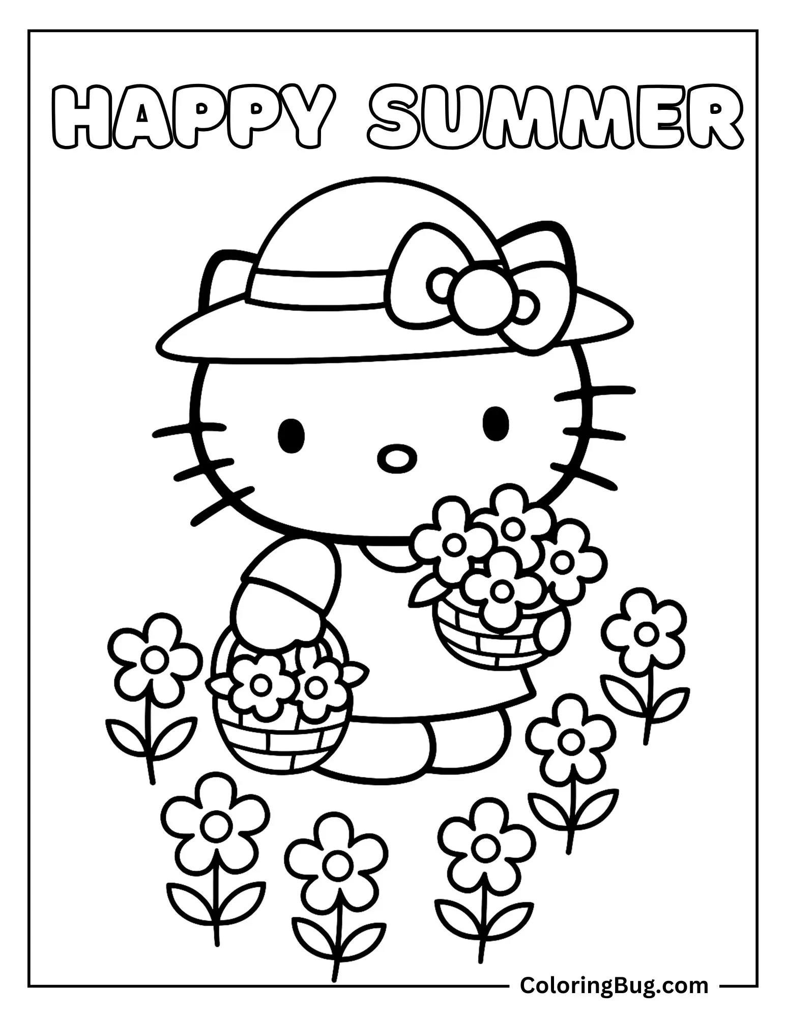 Hello Kitty With Summer Flowers Coloring Sheet