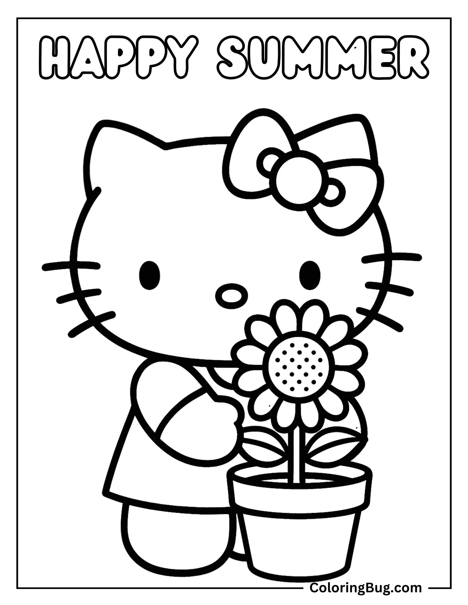 Hello Kitty With Sunflower Pot Coloring Sheet