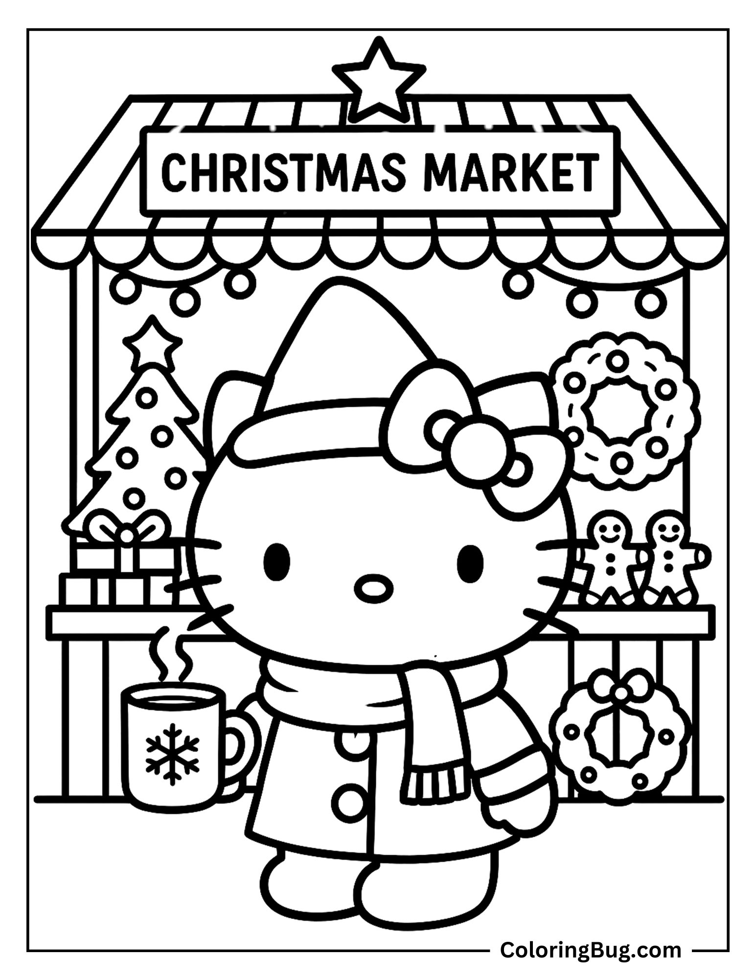 Hello Kitty at the Christmas Market Coloring Sheet