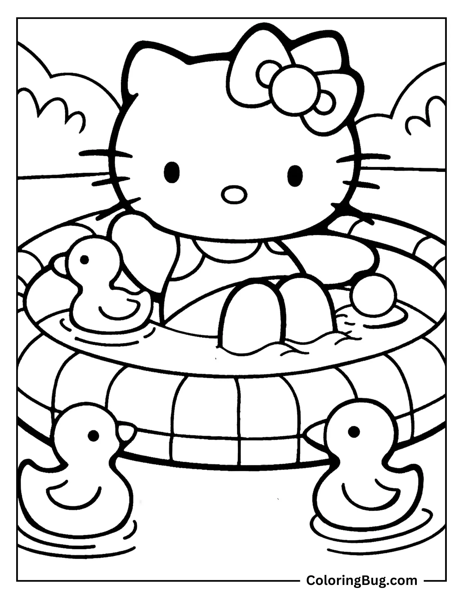 Hello Kitty in the Pool with Rubber Ducks Coloring Sheet