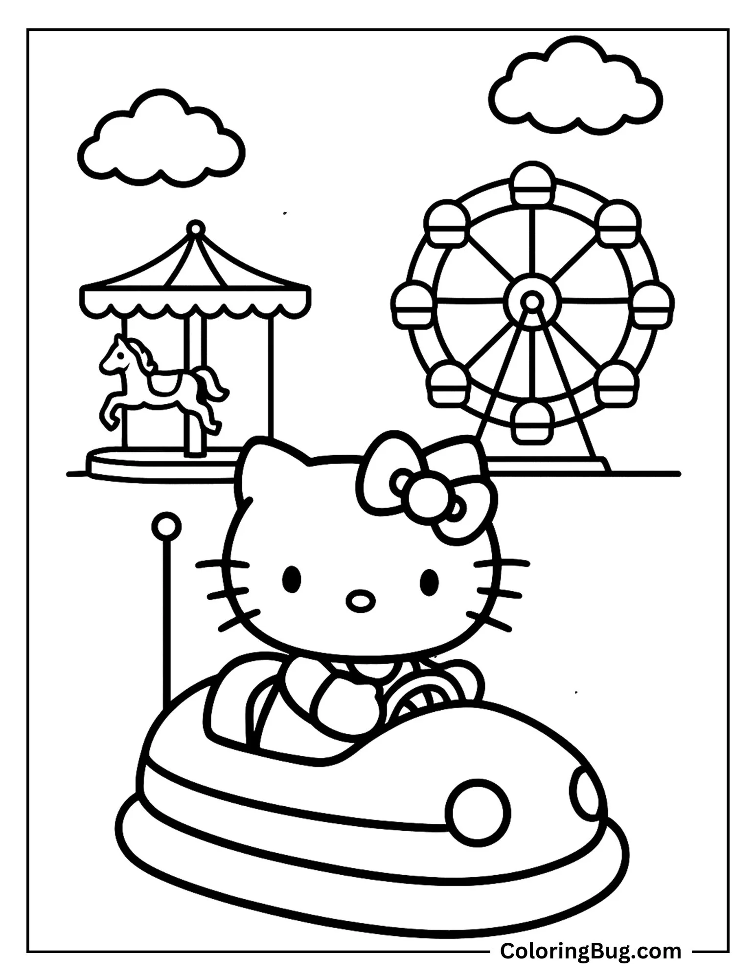 Hello Kitty on Bumper Car Coloring Sheet