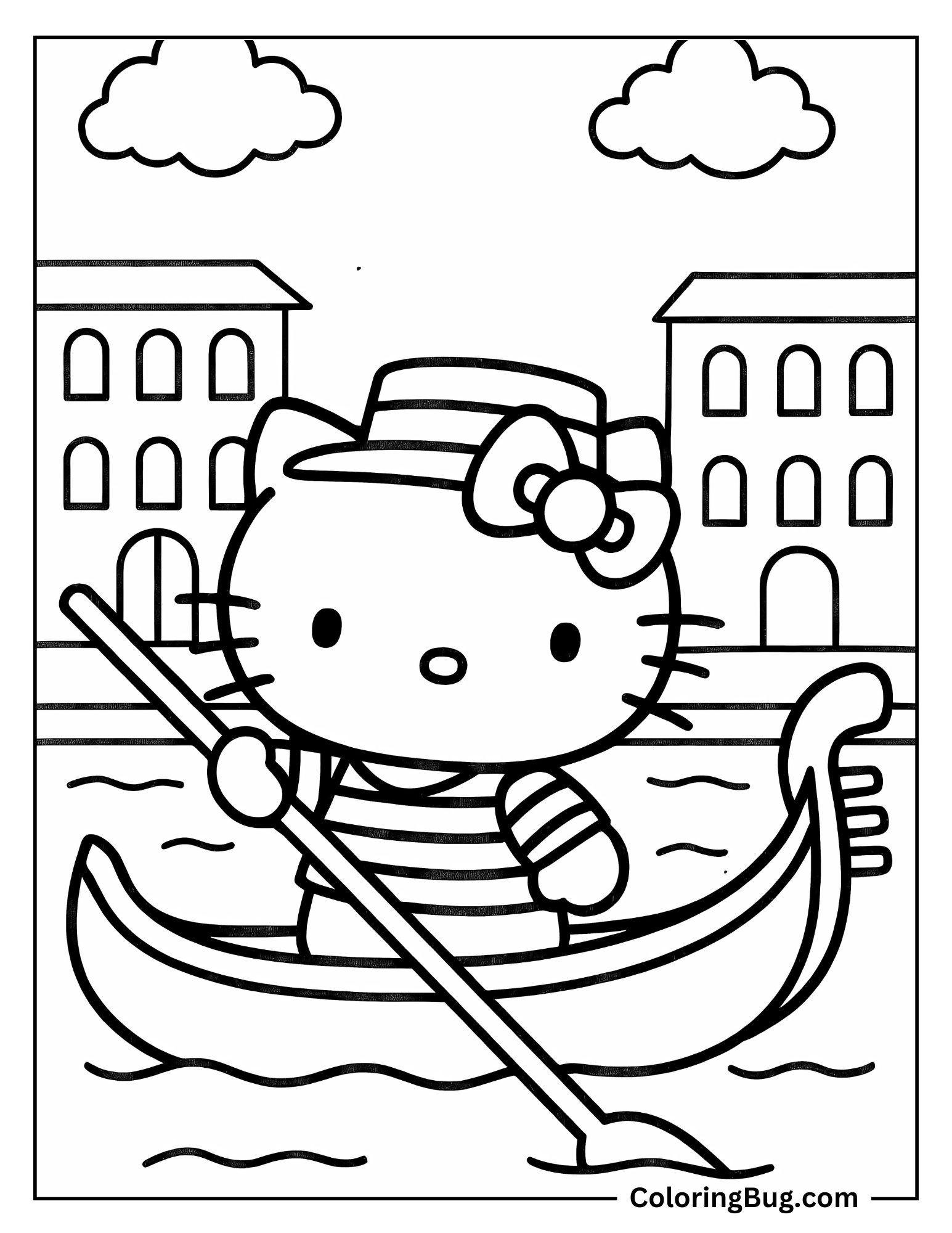 Hello Kitty on Venice Canal Boat Coloring Sheet
