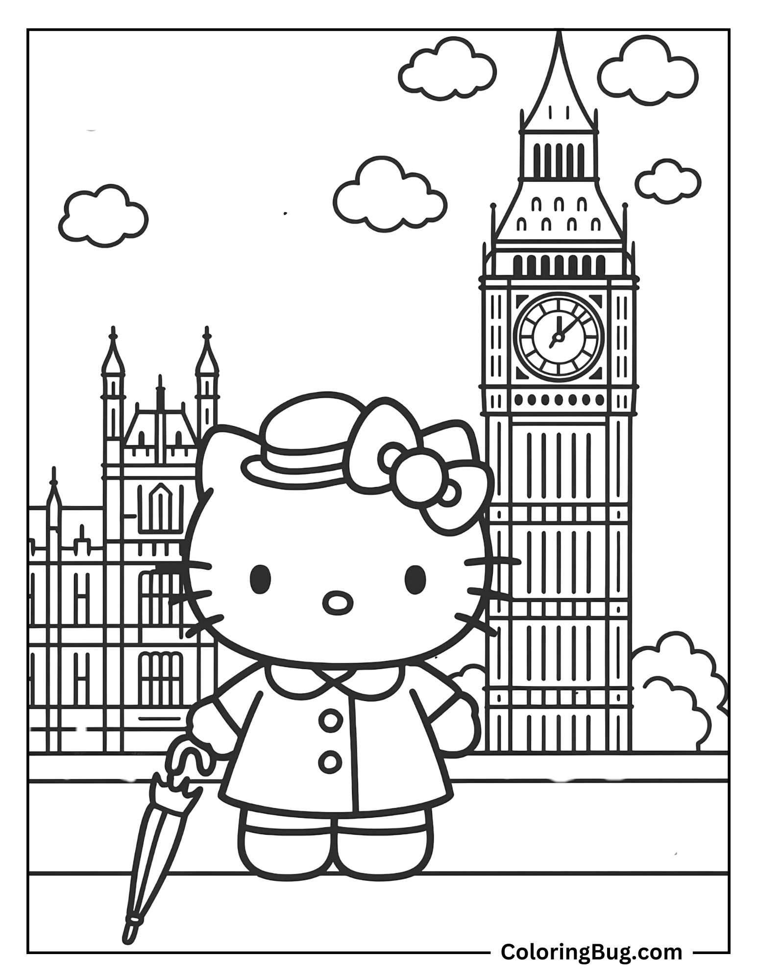 Hello Kitty with Big Ben and Parliament Coloring Sheet