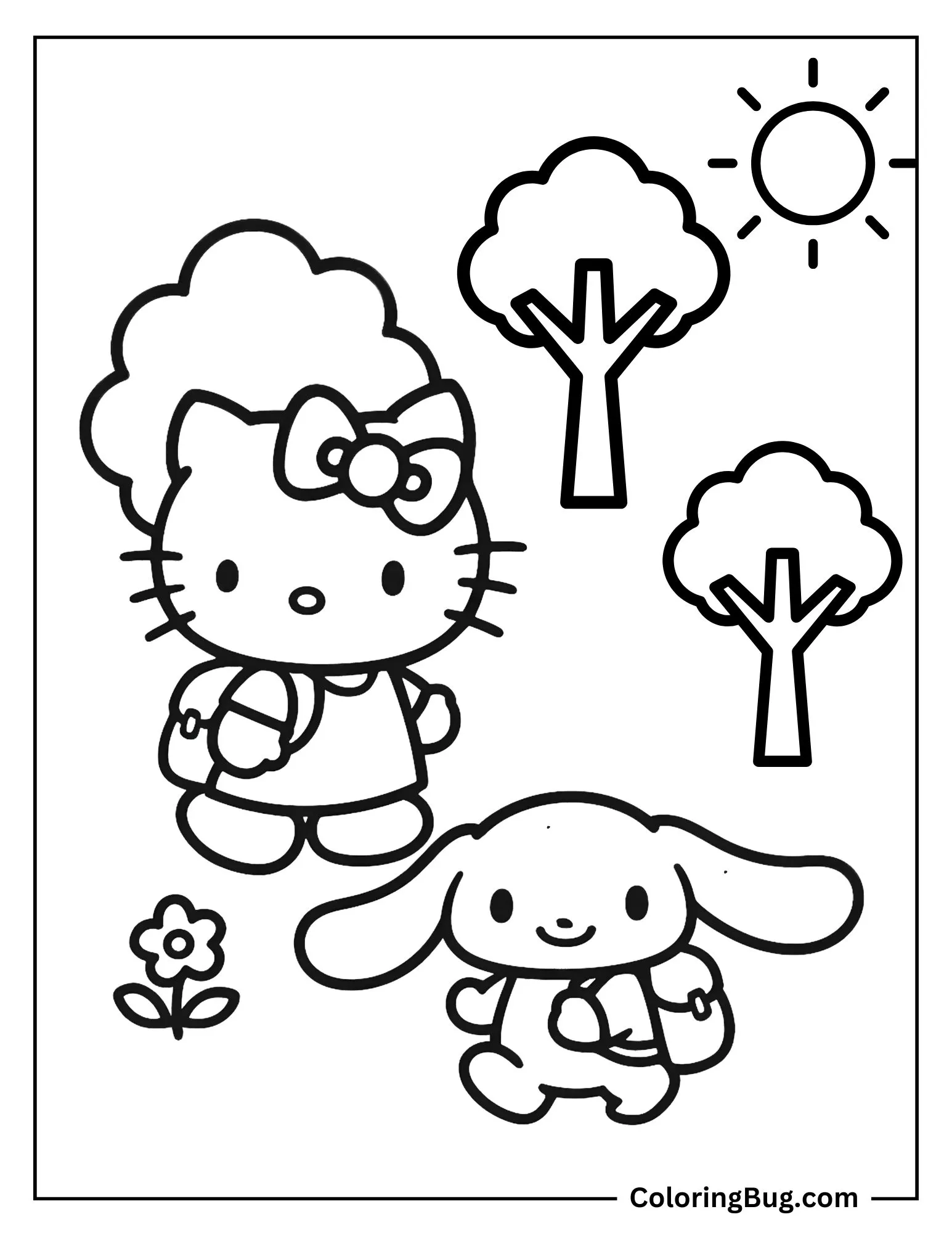 Hello Kitty with Cinnamonroll Both Going to School Coloring Sheet