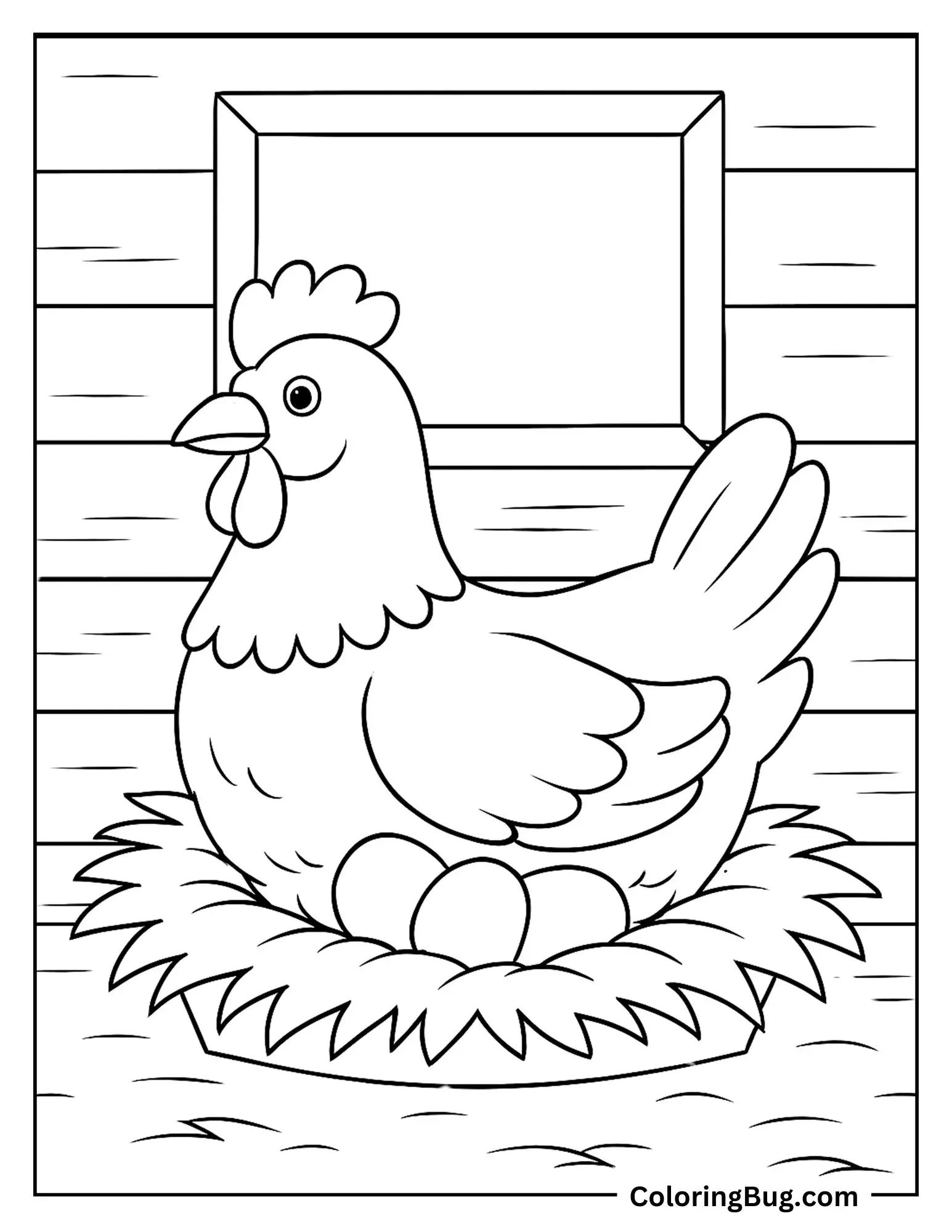 Hen Laying Eggs in a Coop Coloring sheet