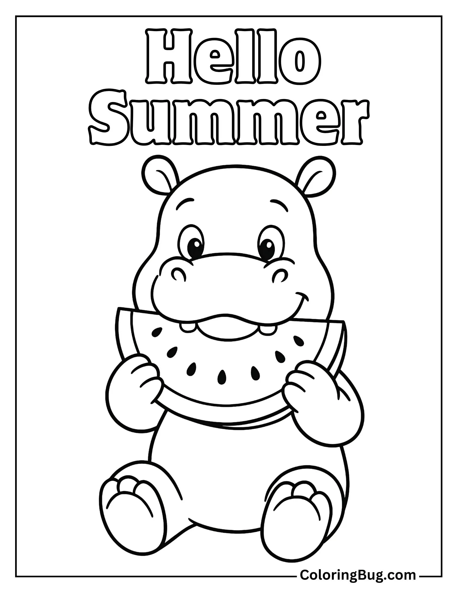 Hippo Eating a Slice of Watermelon Coloring sheet