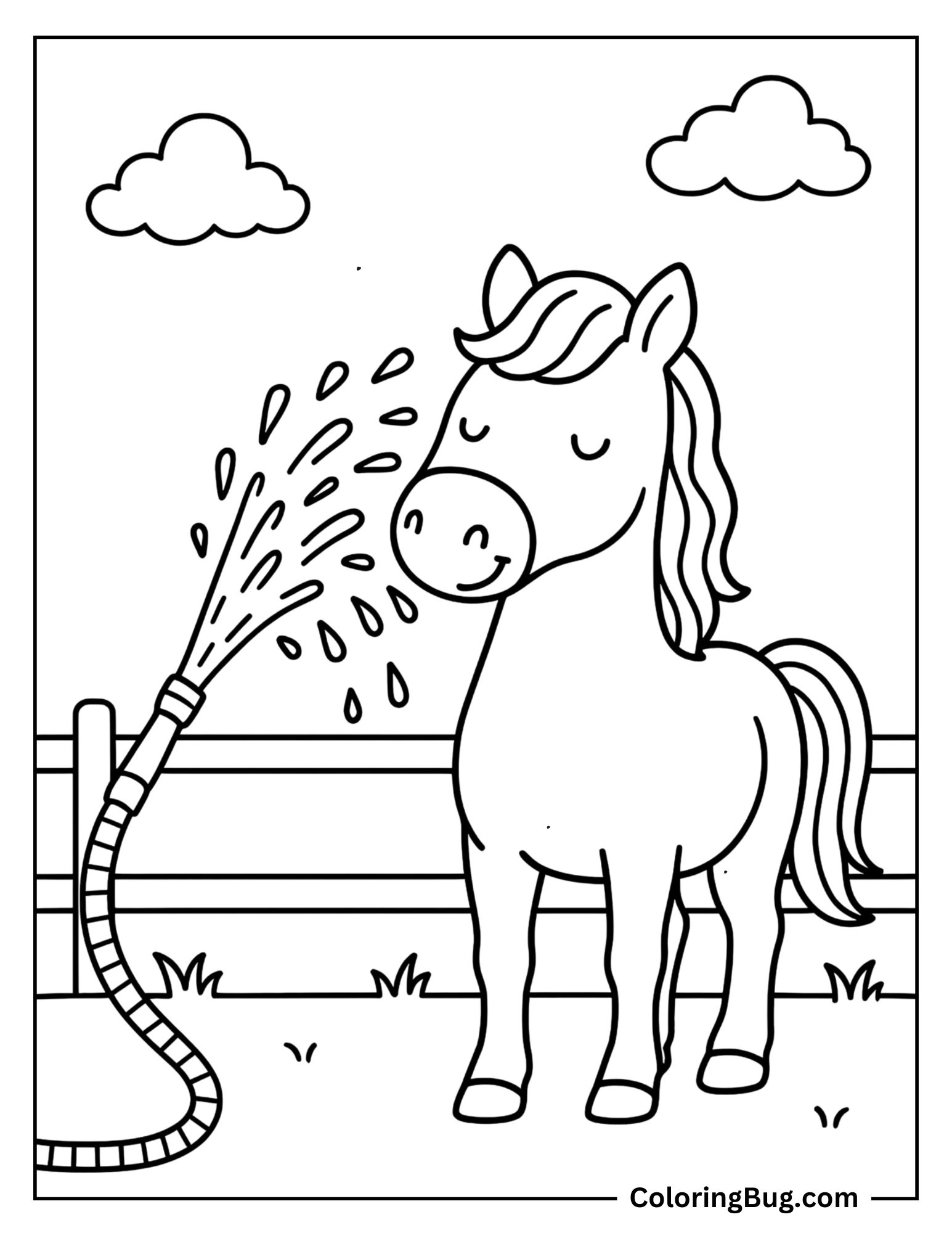 Horse Enjoying a Hose Spray in the Paddock Coloring Sheet
