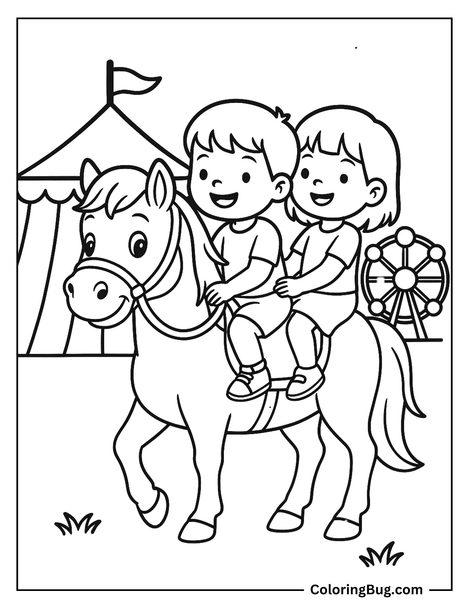 Horse Giving Rides to Little Kids at a Fair Coloring sheet