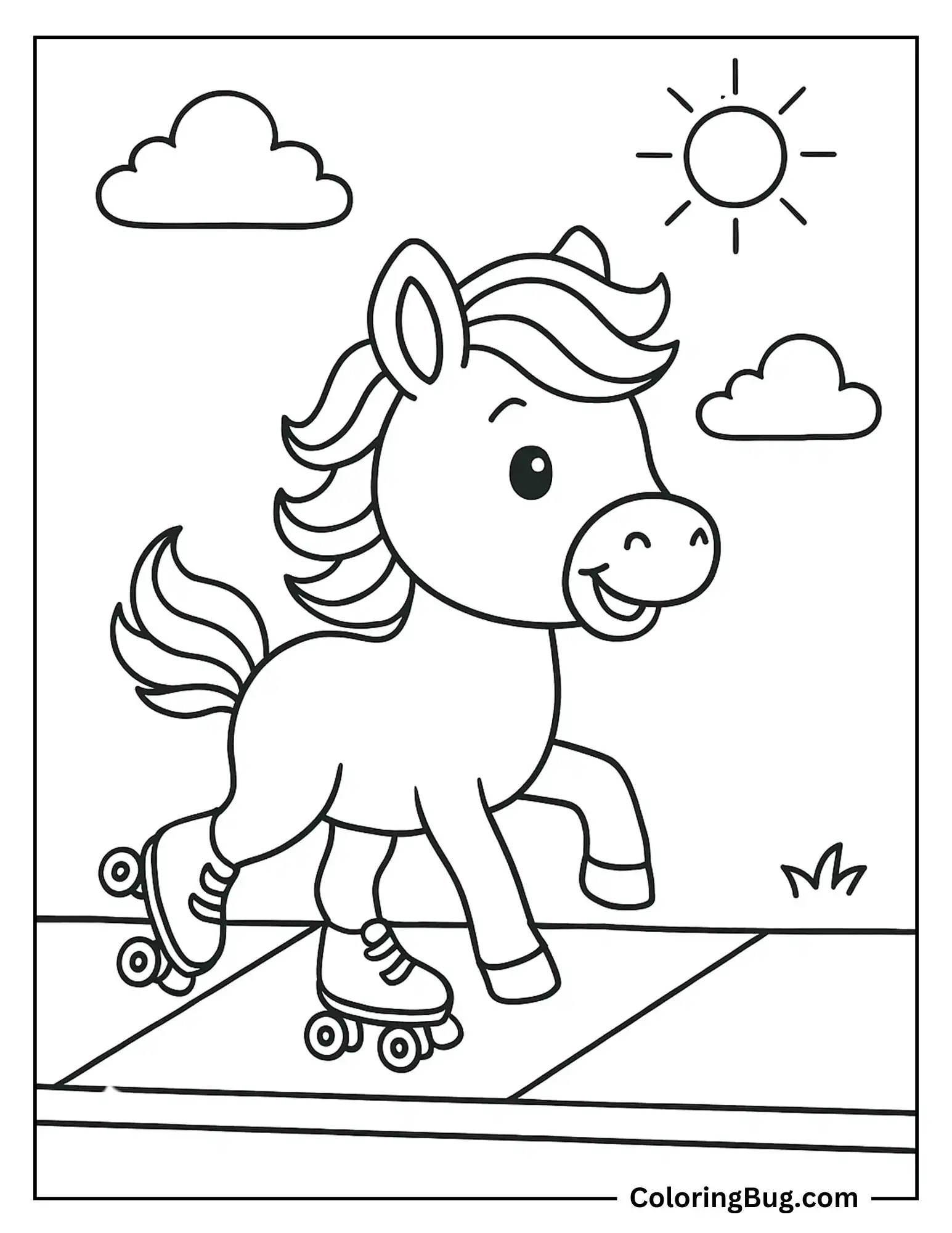 Horse Gliding on Roller Skates Down a Sidewalk Coloring sheet
