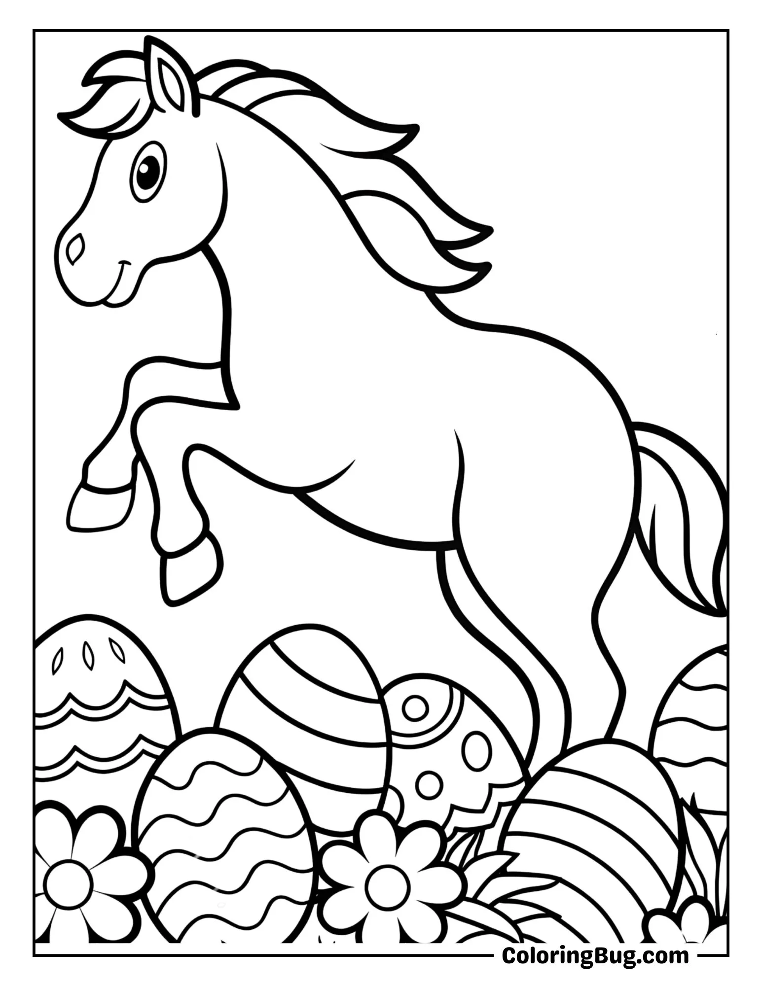 Horse Jumping Over Easter Eggs Coloring Sheet