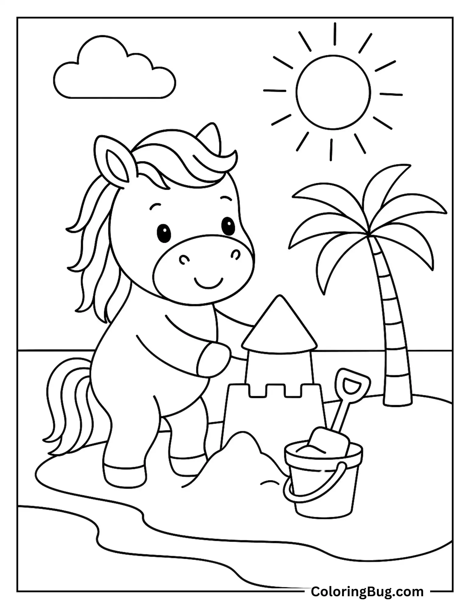 Horse Making Sand Castle Coloring sheet