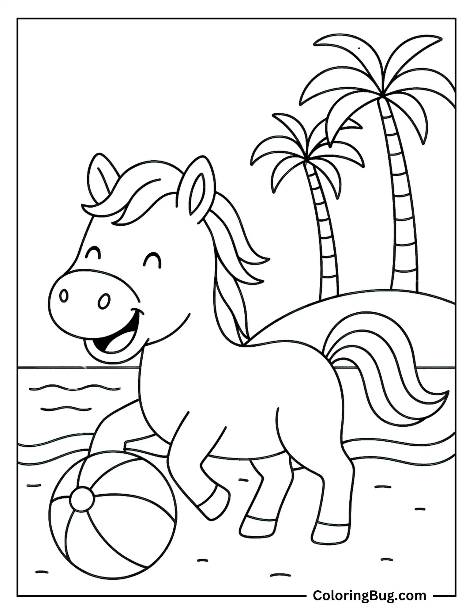 Horse Playing With Ball on Beach Coloring sheet