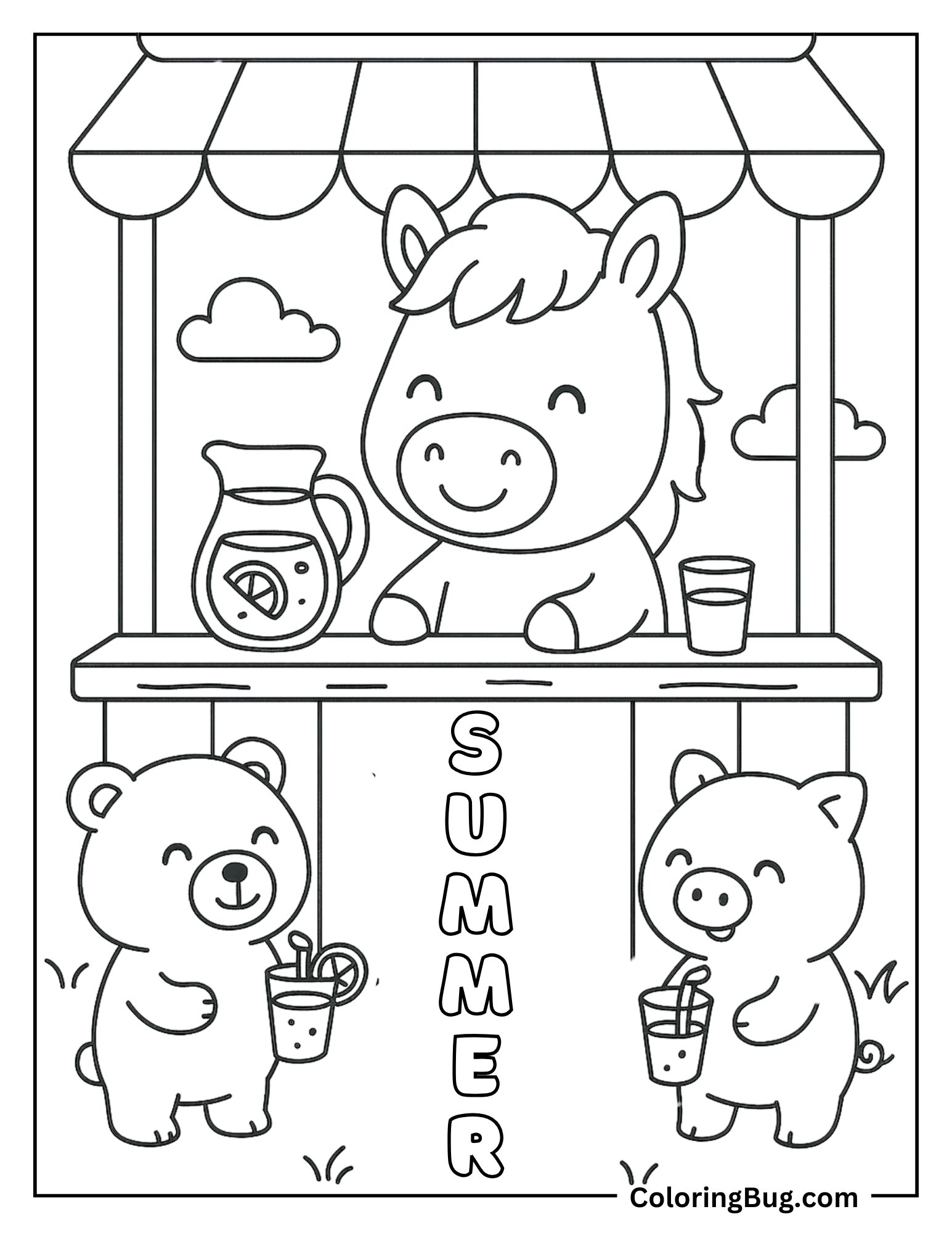 Horse Selling Lemonade To Friends Animals Coloring sheet