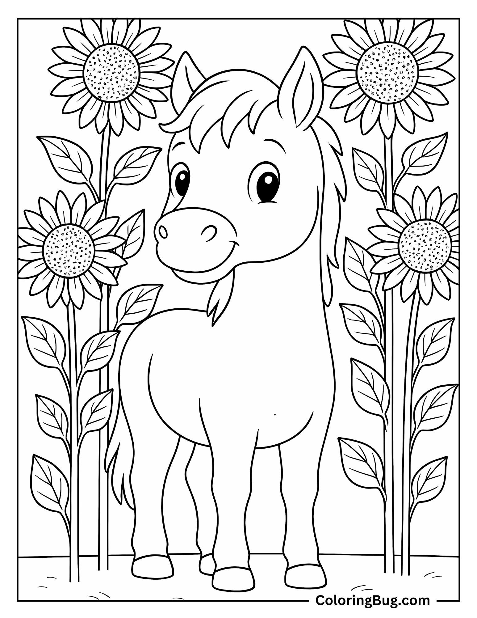 Horse Standing in Sunflower Field Coloring sheet