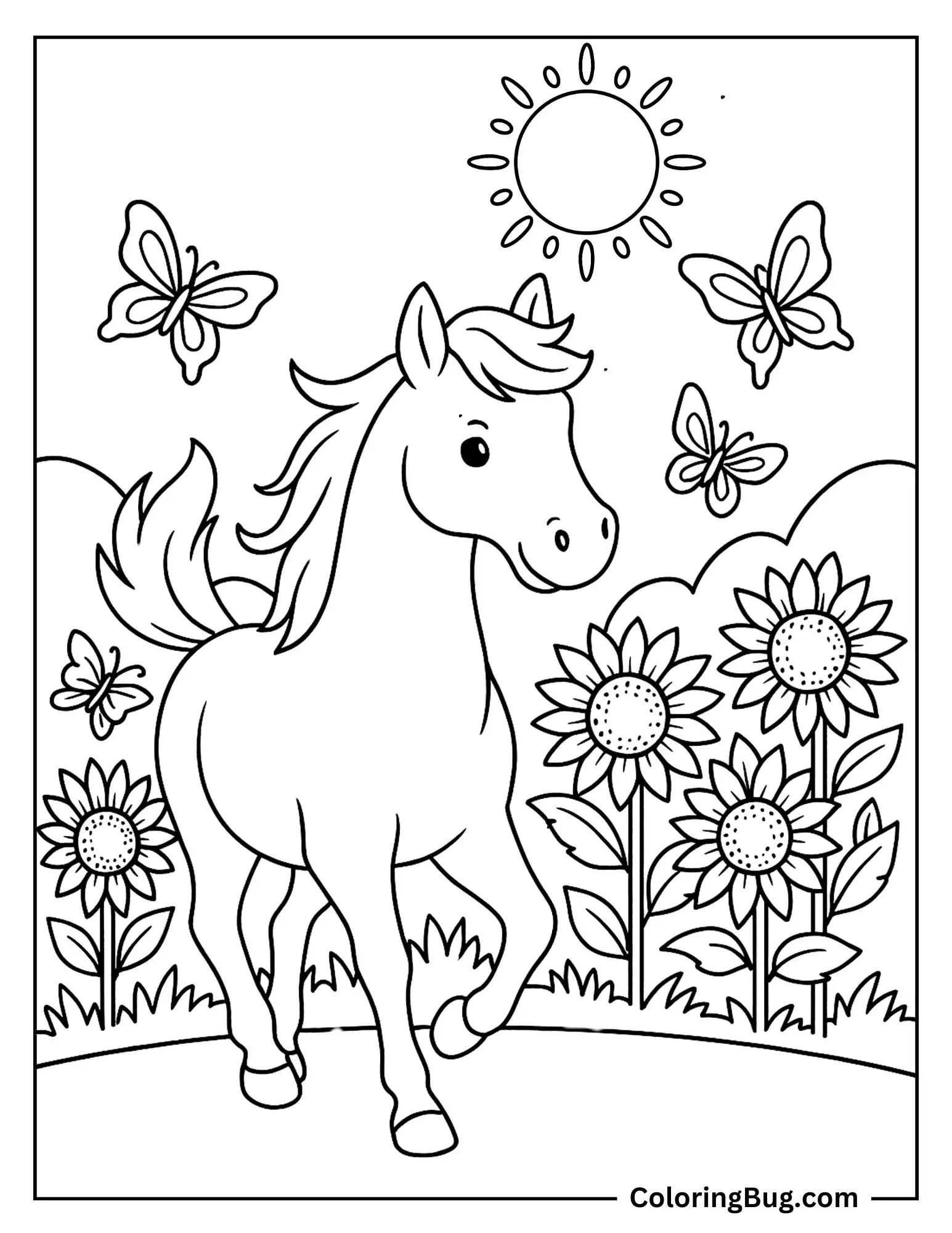 Horse Trotting Through Sunflower Field With Butterflies Around Coloring Sheet