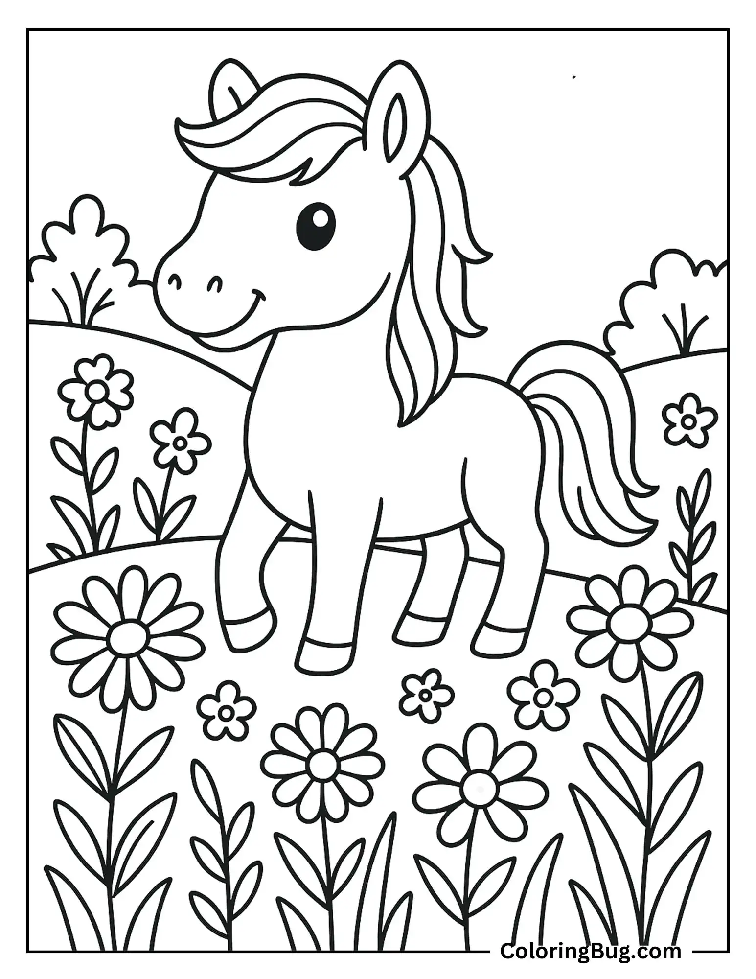 Horse With Summer Flowers Coloring sheet