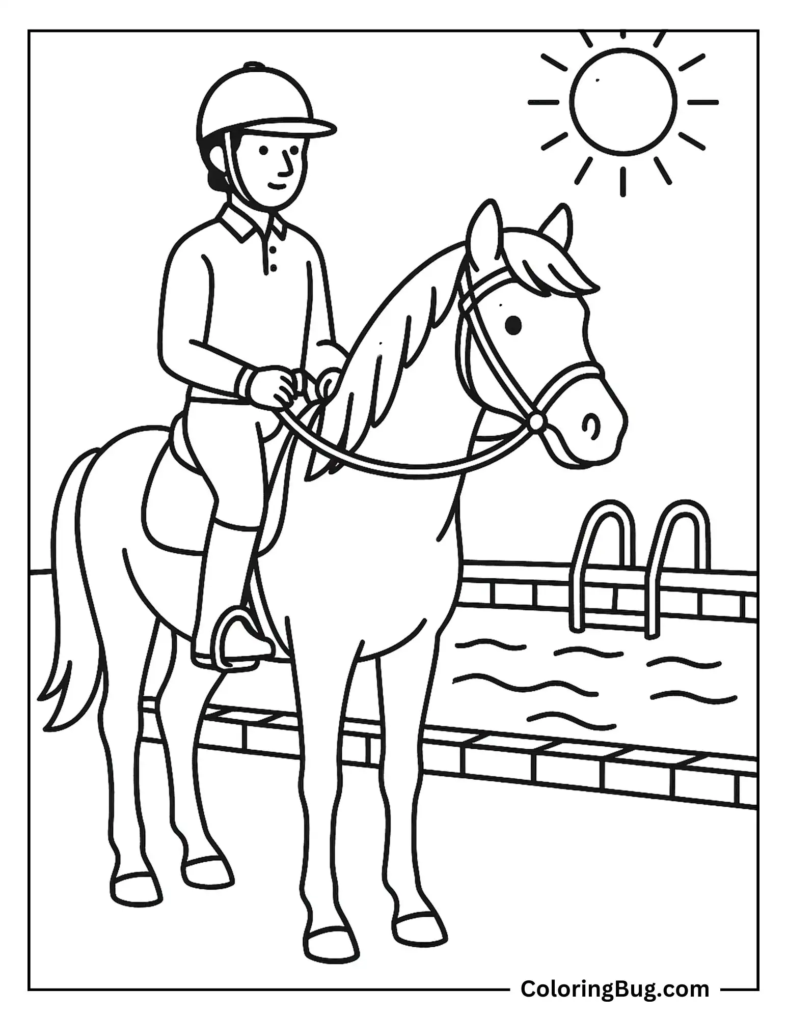 Horse and Rider in Riding Gear Near a Swimming Pool Coloring Sheet