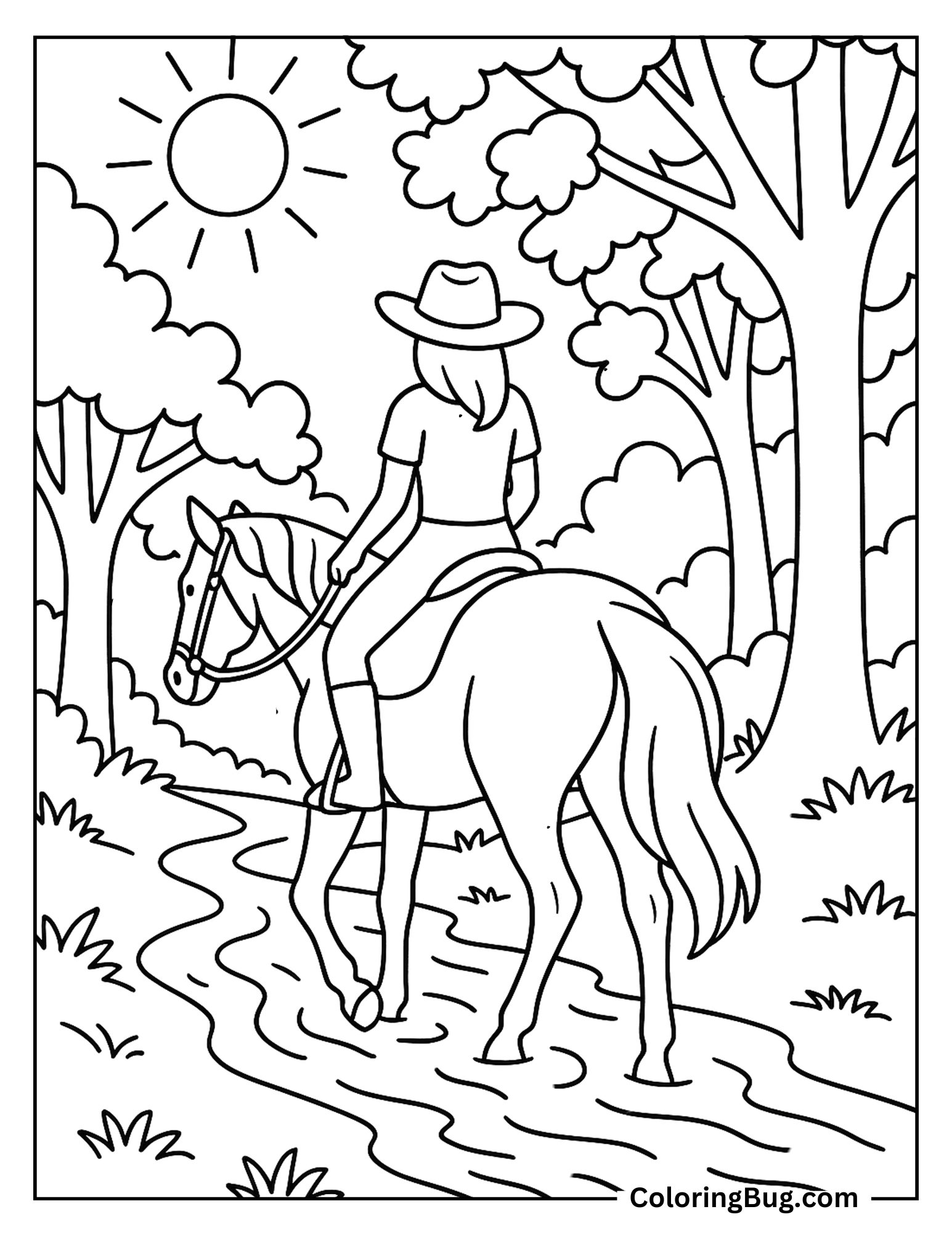Horse and Rider on a Sunny Forest Path With Dappled Light Coloring Sheet