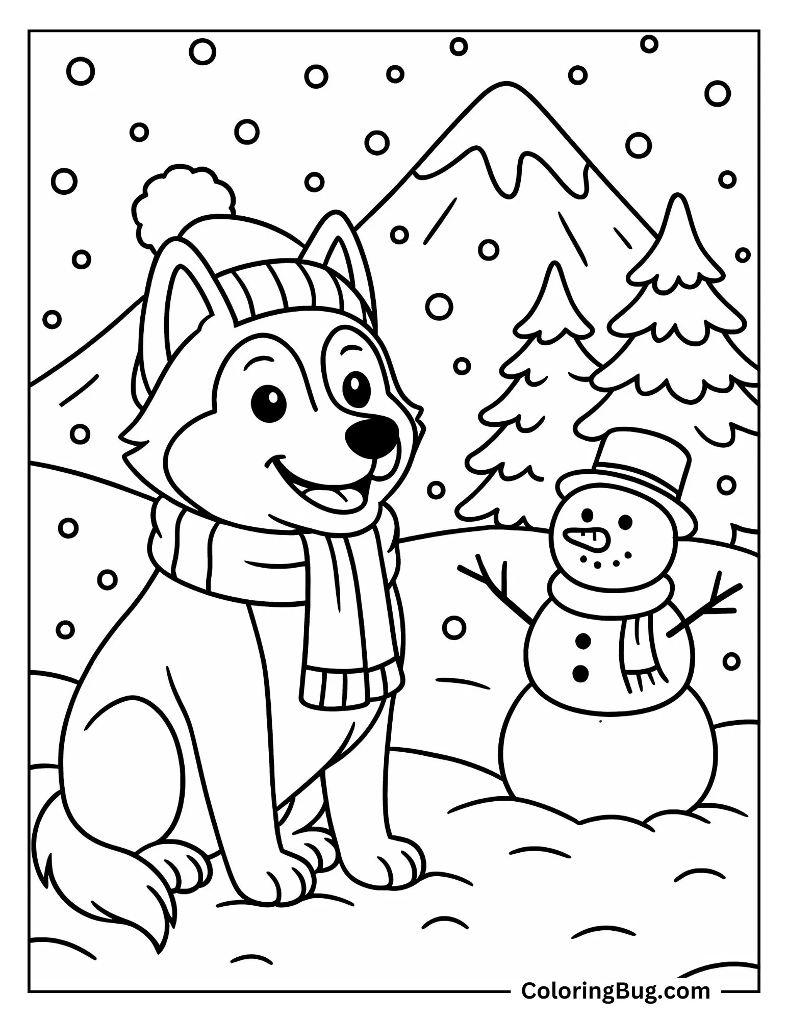 Huskey With Snowman During Snowfall Coloring sheet