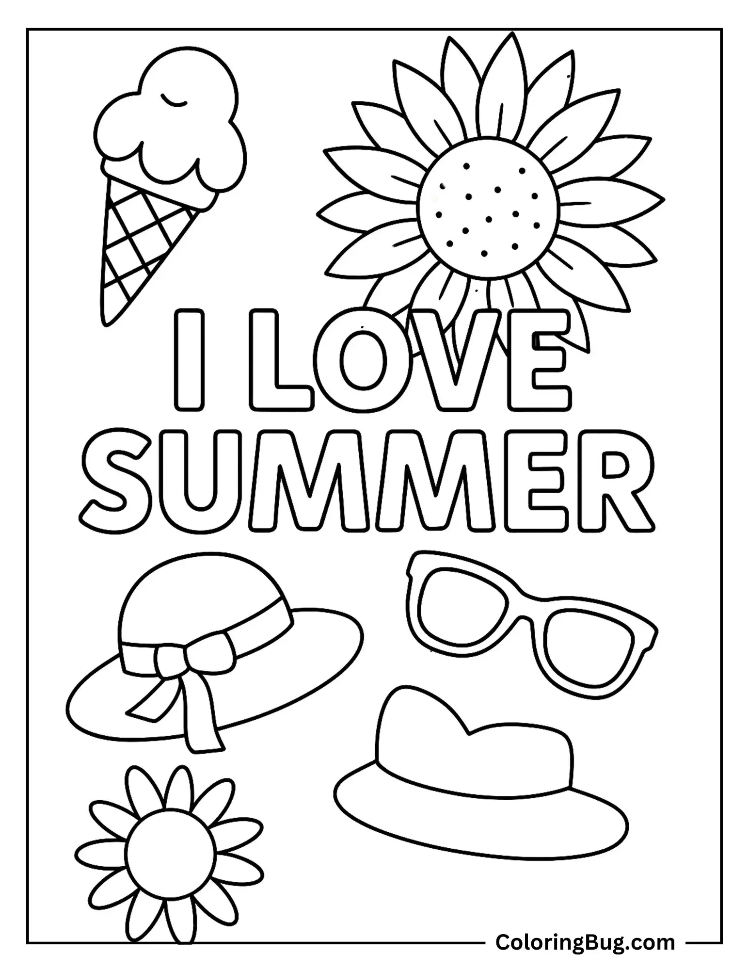 I Love Summer With ICE Cream, Hat, Glasses, Flowers Coloring Sheet