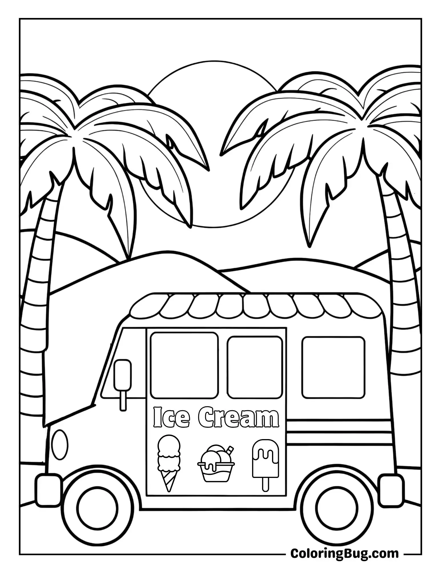 Ice Cream Van at Sunset Coloring Sheet