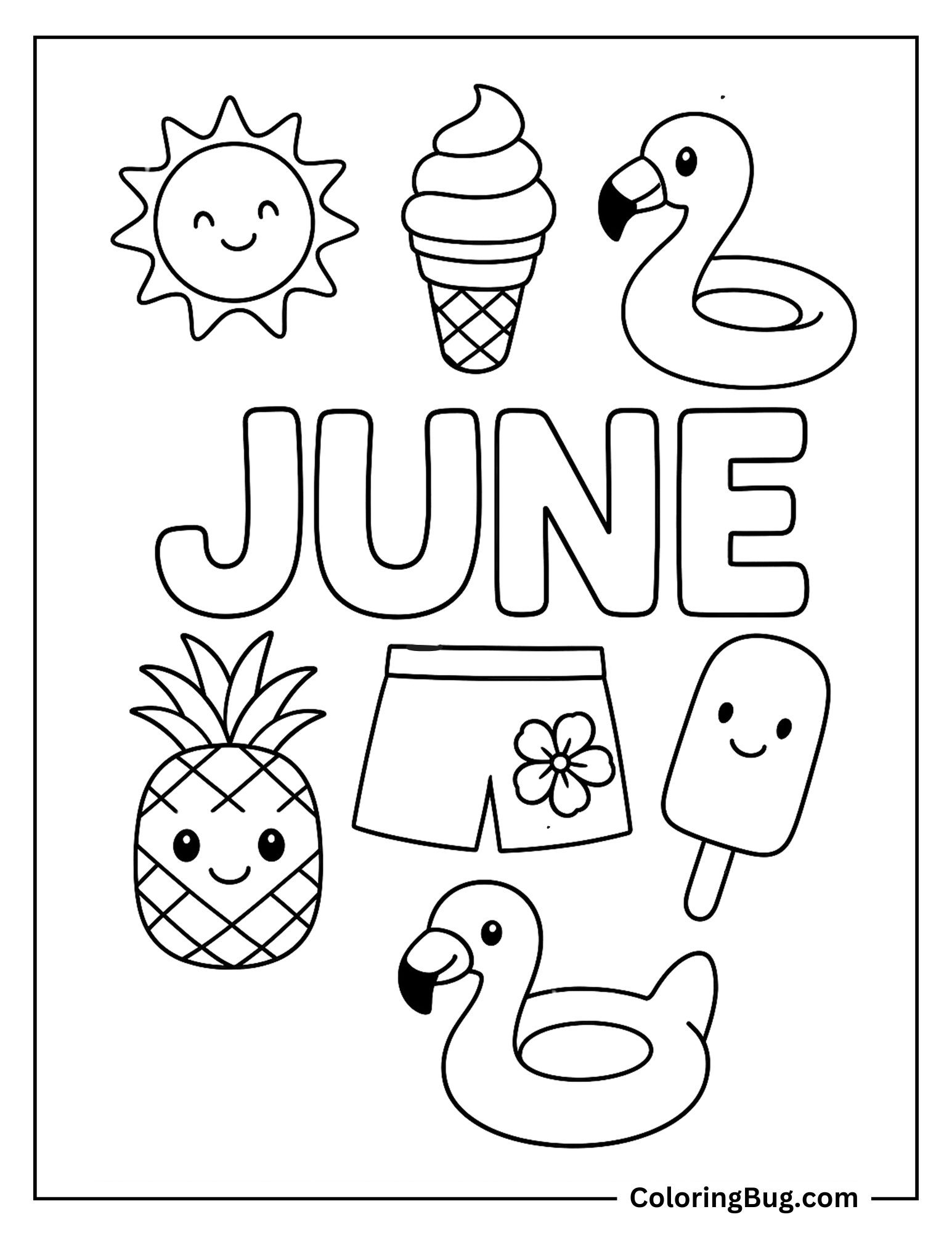 June With Pineapple, Flamingo Floatie, Ice Cream, Shorts, Popsicle And Sun Coloring Sheet