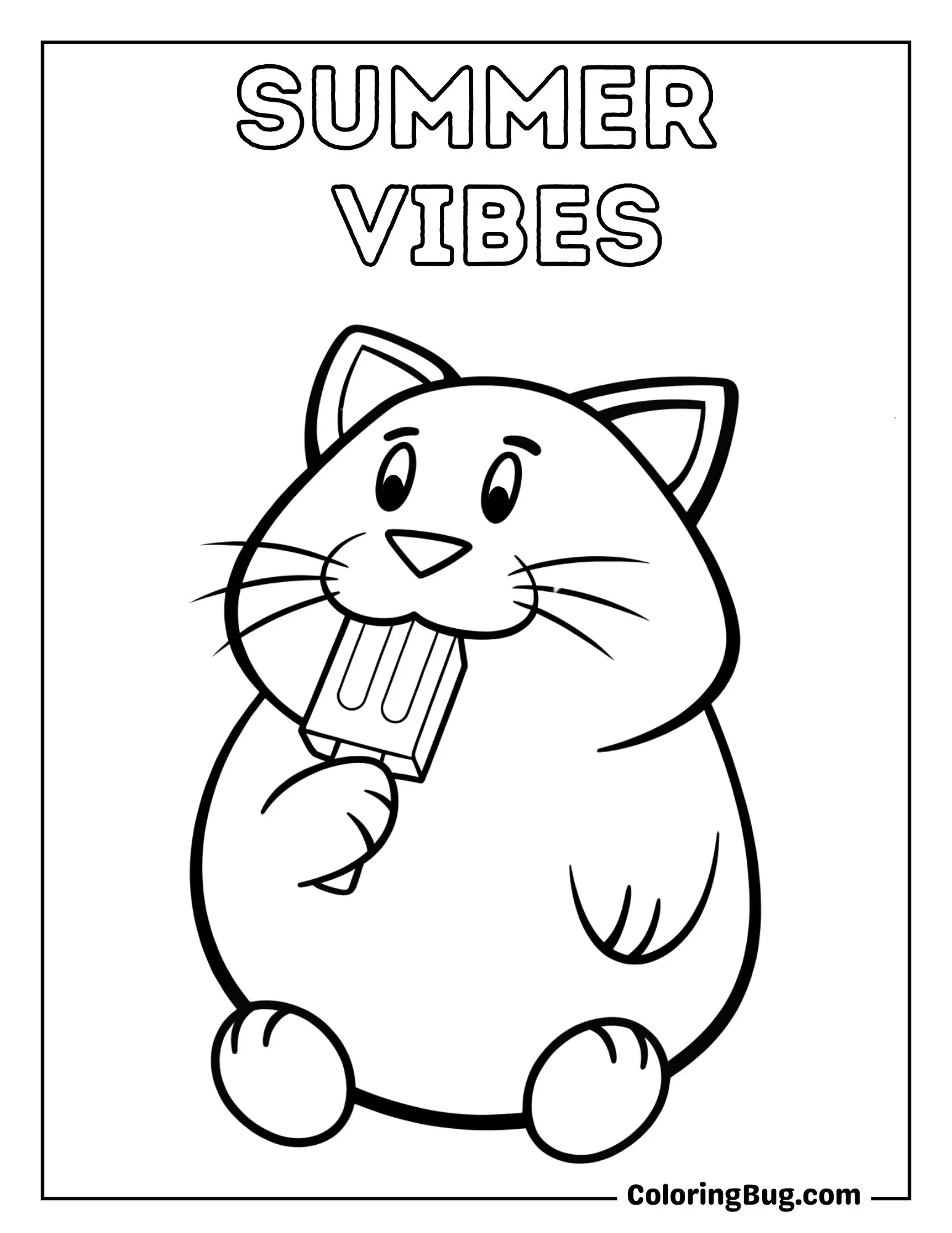 Kawaii Cat Eating Popsicle Coloring Sheet