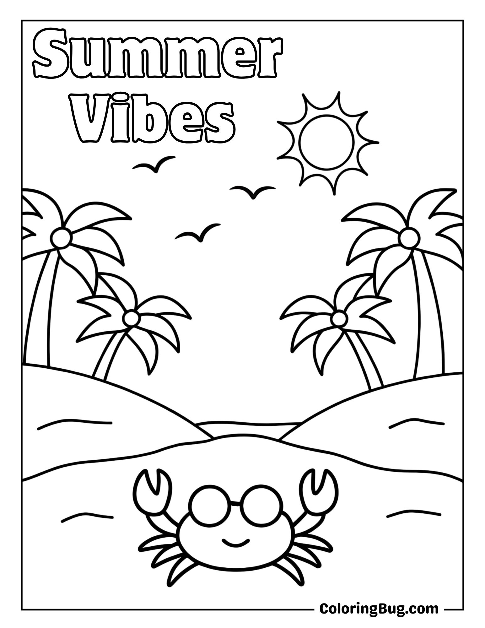 Kawaii Crab on the Beach Coloring Sheet