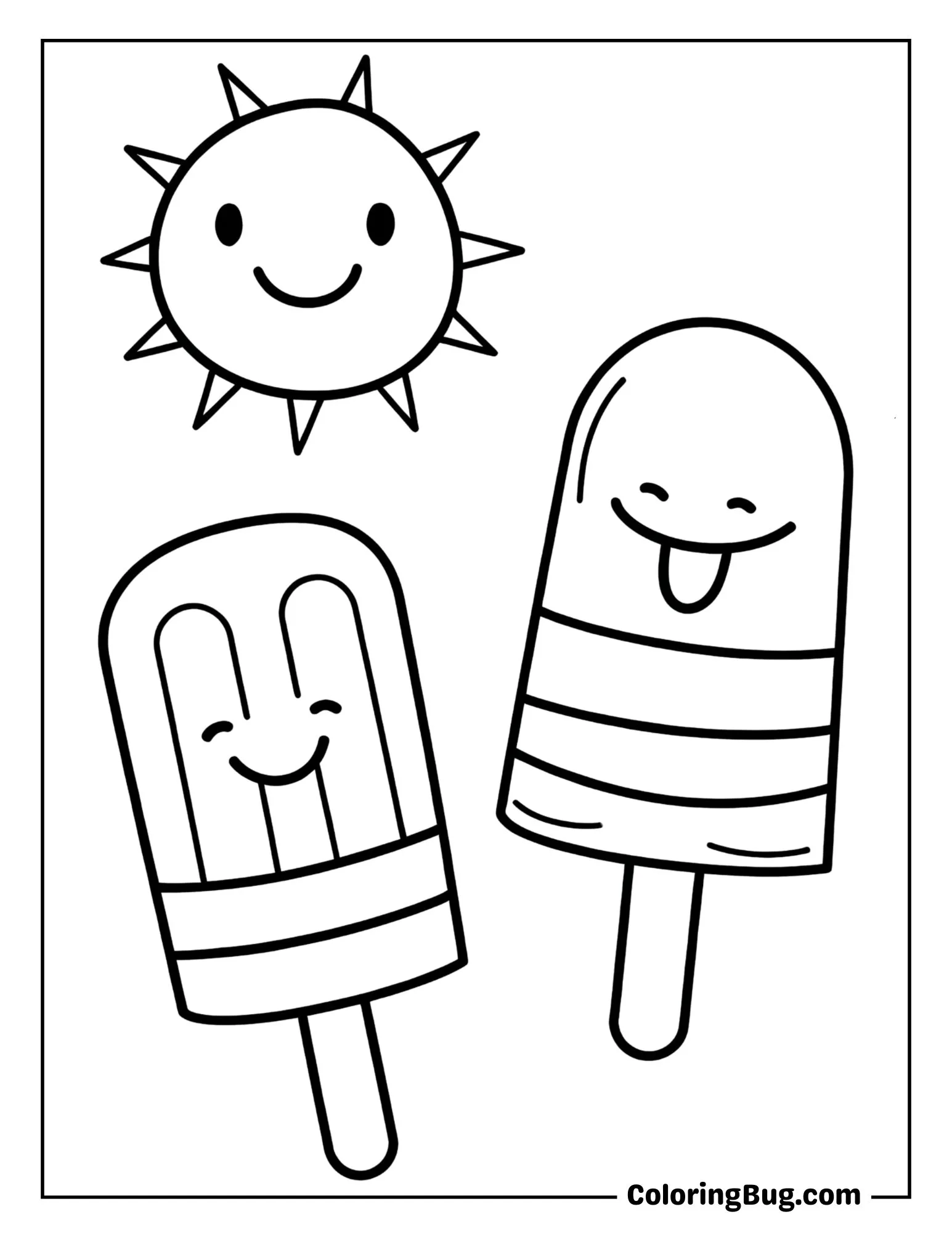 Kawaii Ice Cream Characters with Sun Coloring Sheet