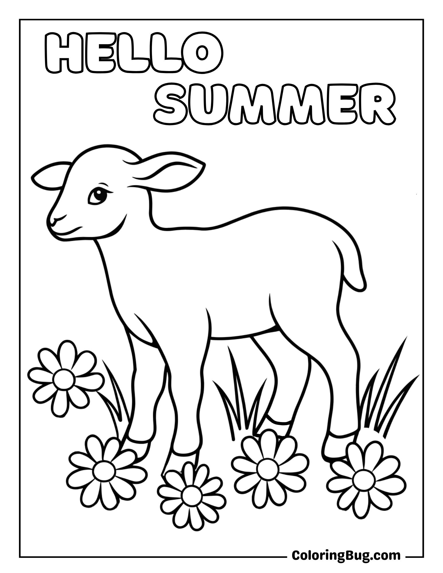 Lamb in a Field of Daisies Coloring Sheet