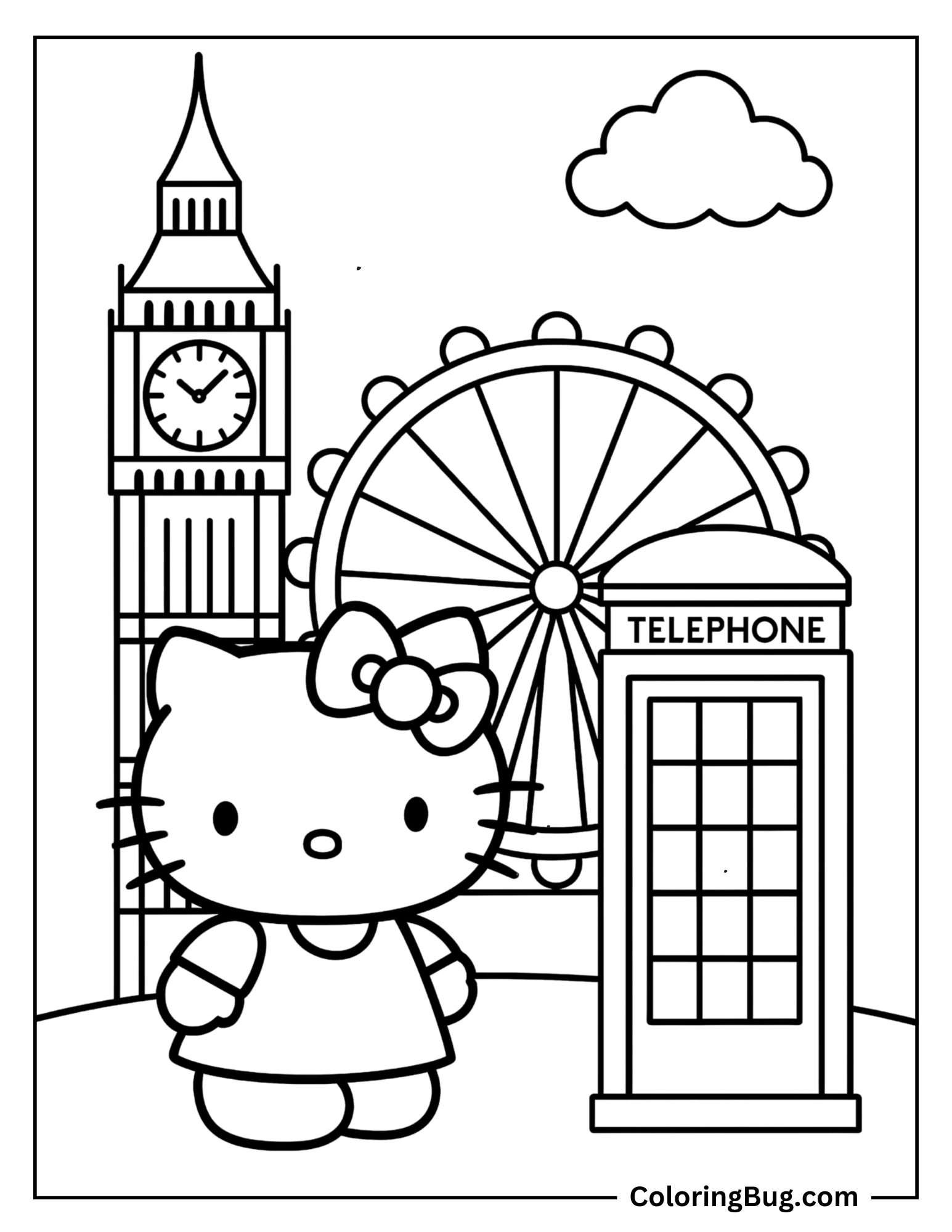 London Hello Kitty with Eye and Phonebox Coloring Sheet