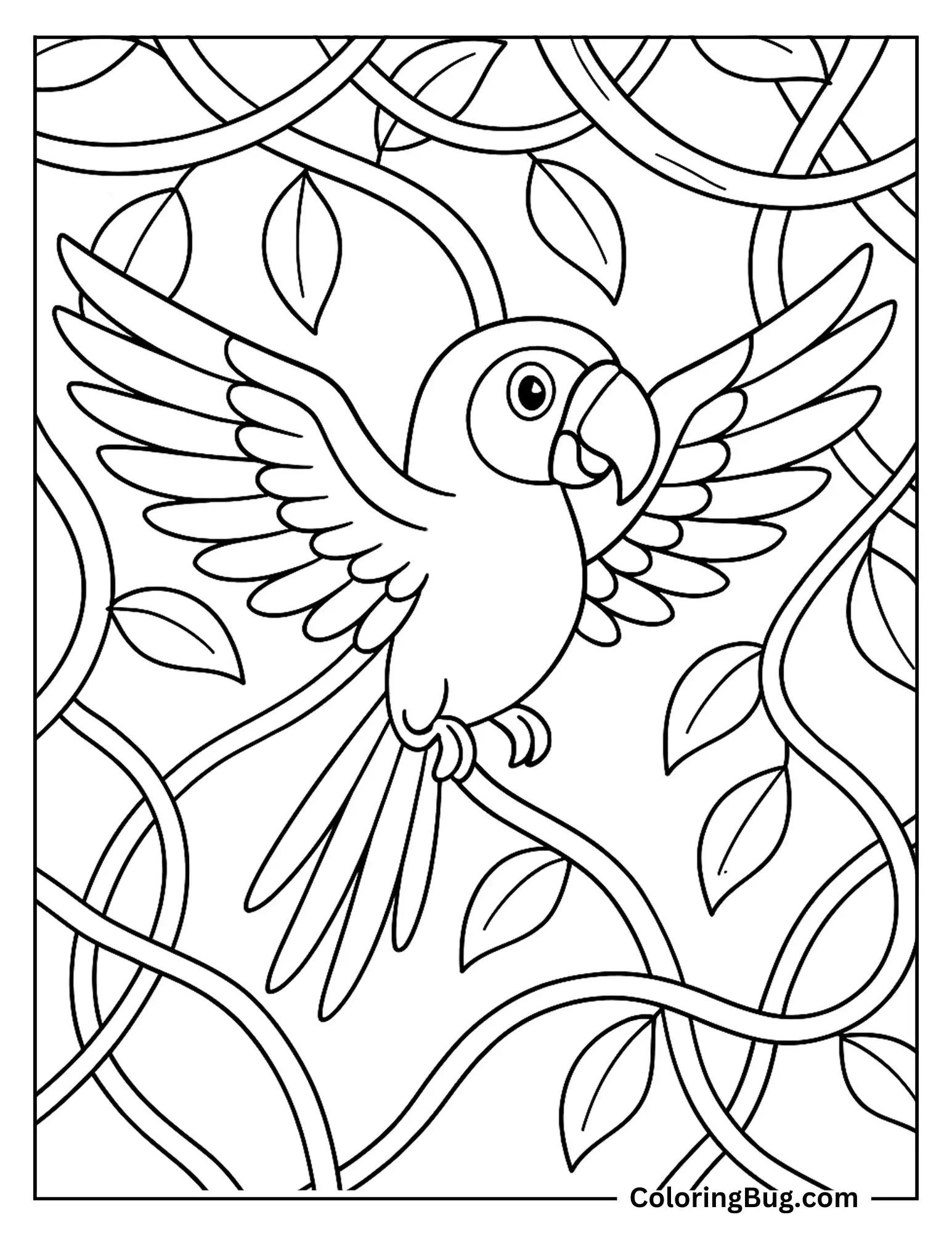 Macaw Flying Through Jungle Vines Coloring sheet