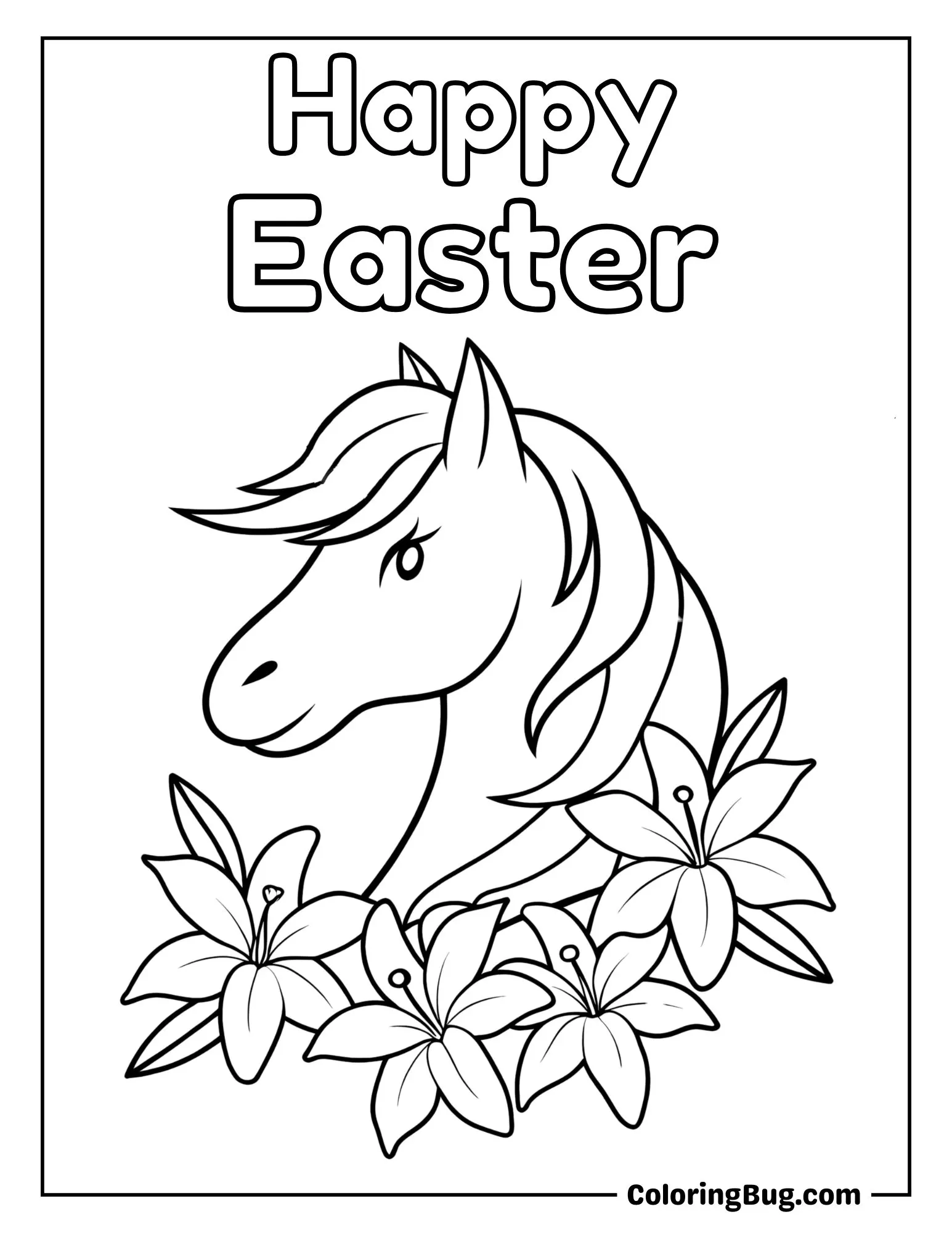Majestic Horse Surrounded By Easter Lilies Coloring Sheet