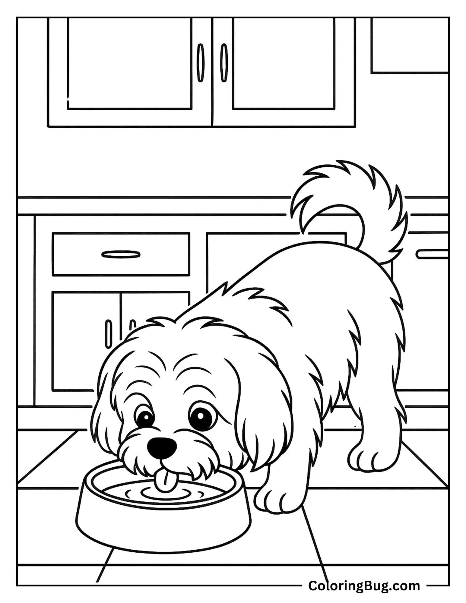 Maltese Drinking Water From Its Bowl in the Kitchen Coloring sheet