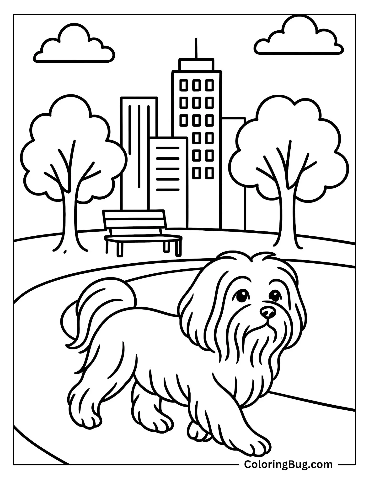 Maltese Strolling Through a City Park Coloring sheet