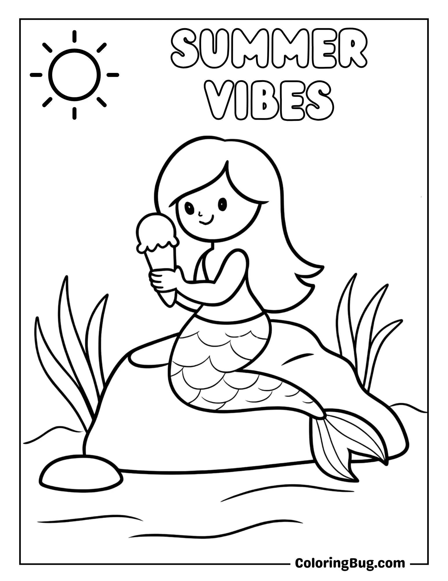 Mermaid Enjoying Ice Cream on a Rock Coloring Sheet