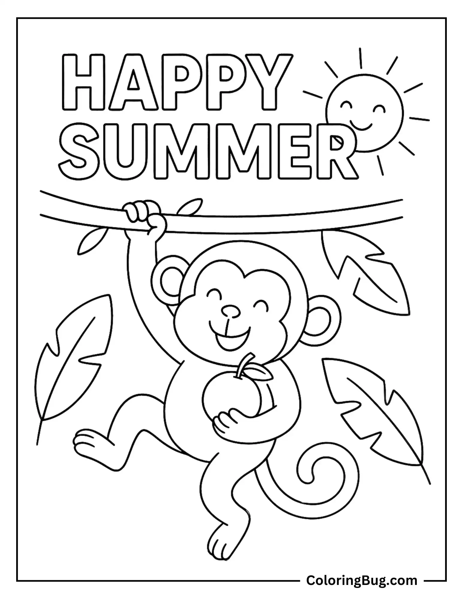 Monkey Hanging From Tree Holding Juicy Fruit Coloring Sheet